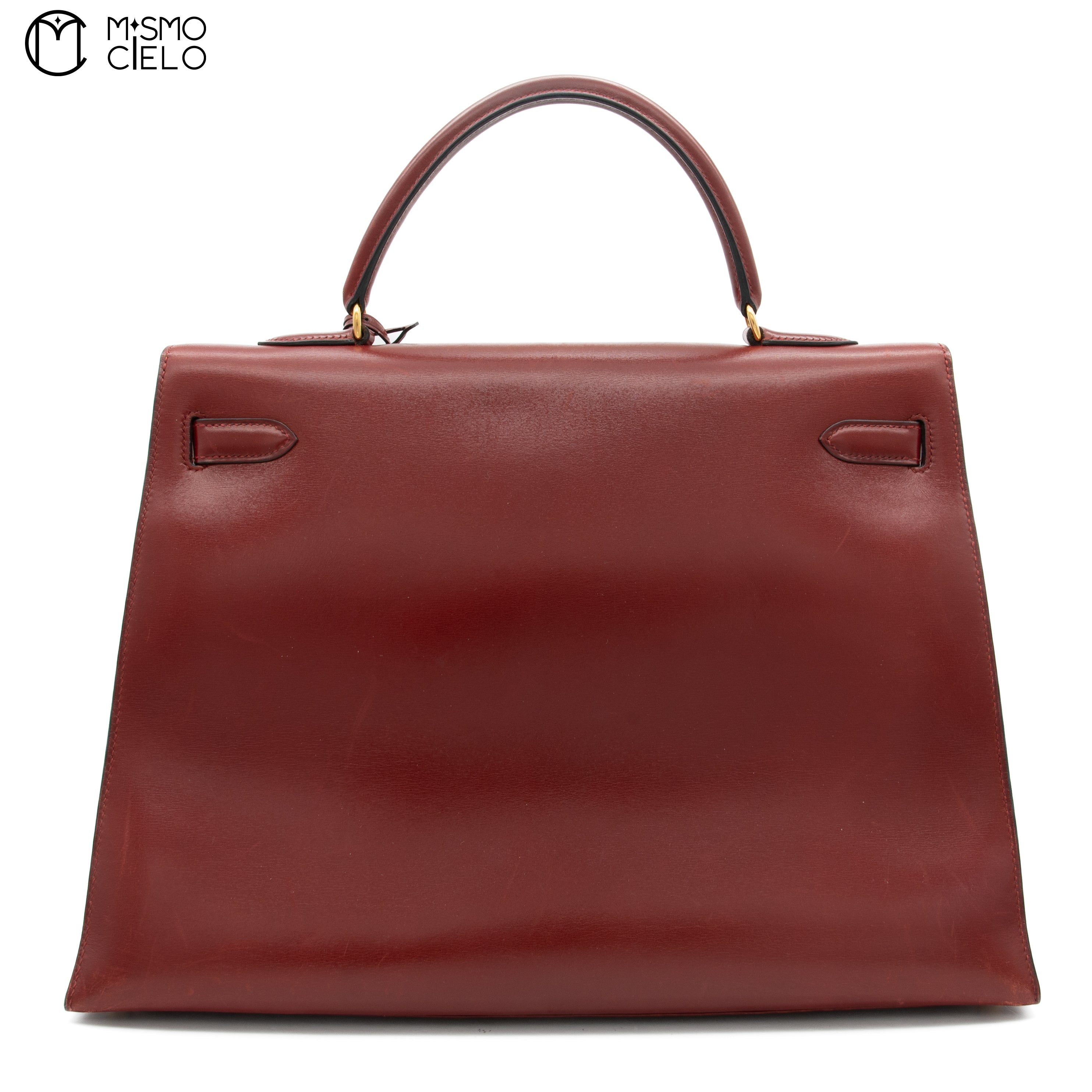 HERMES Authenticated Rouge Ash Kelly 35 Box Calf A Engraved Handbag