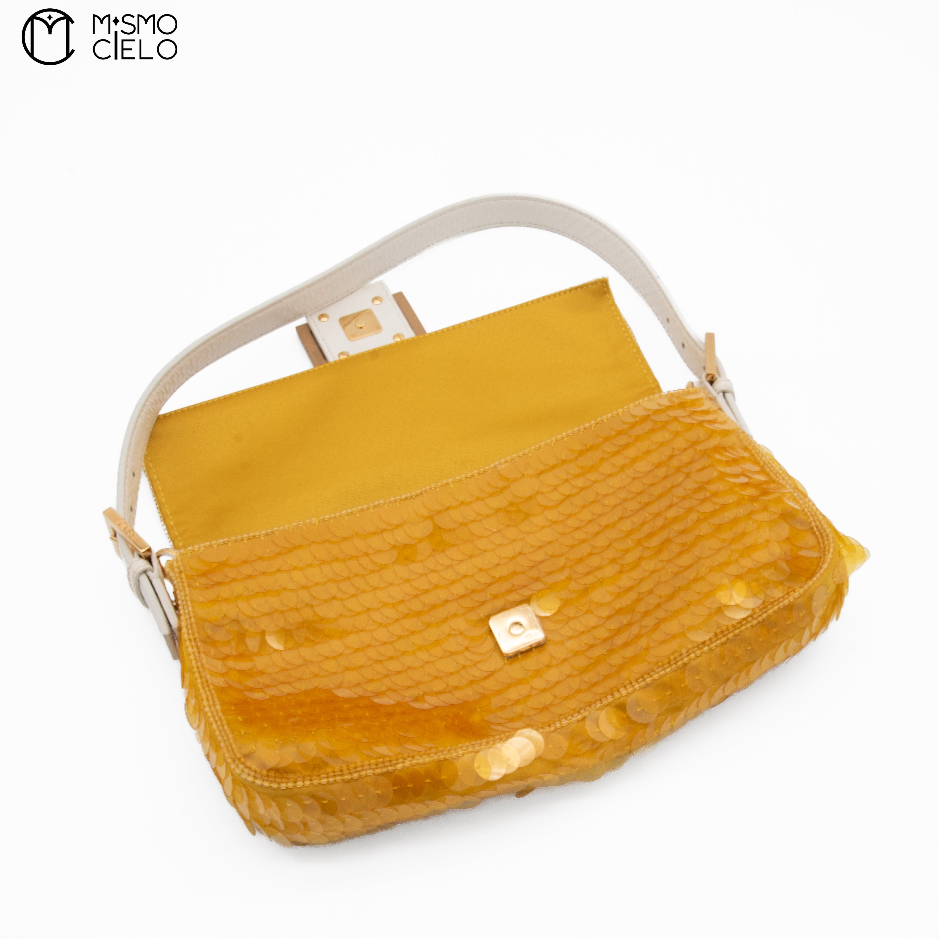 FENDI 1997 Yellow and White Baguette Spangle Python Shoulder Bag