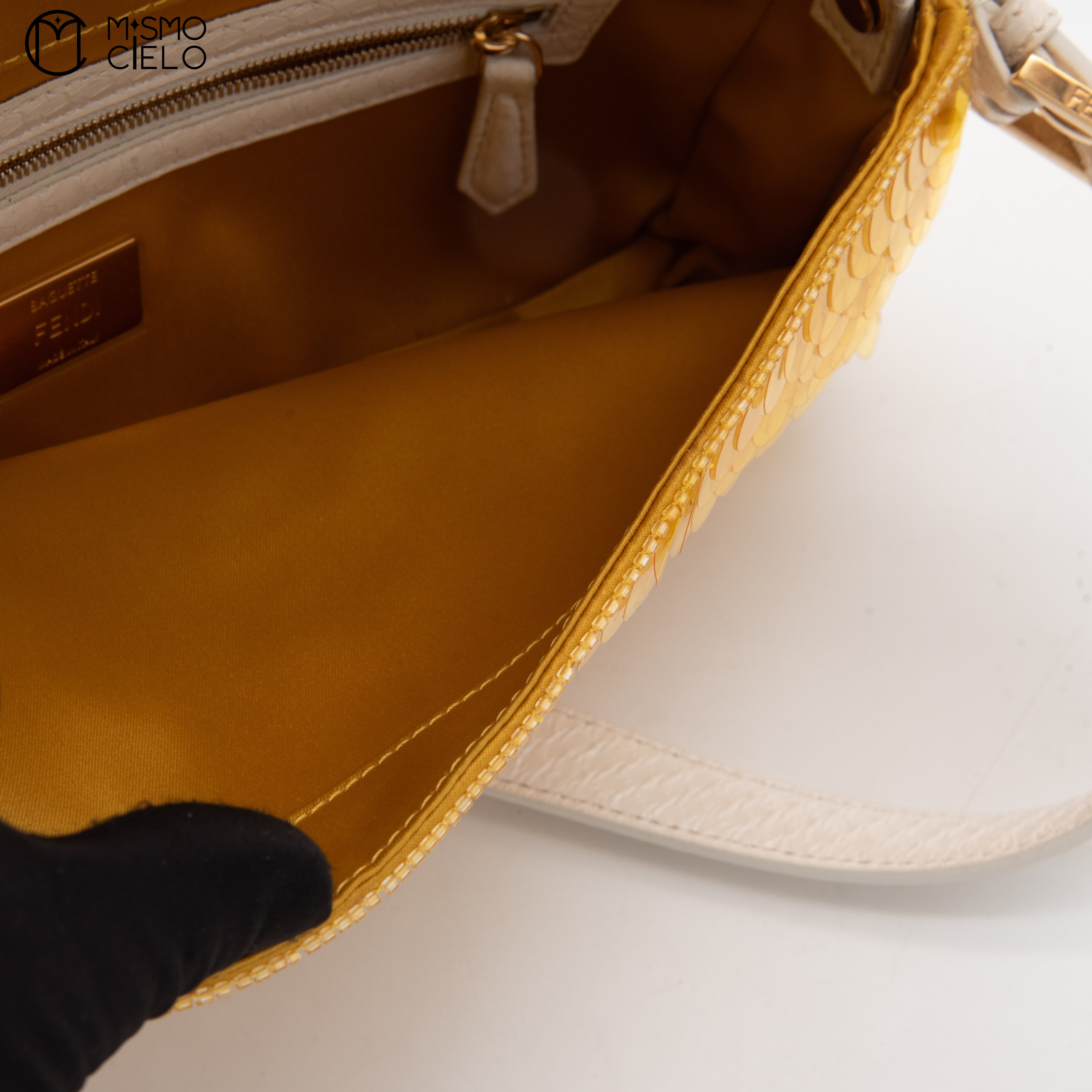 FENDI 1997 Yellow and White Baguette Spangle Python Shoulder Bag