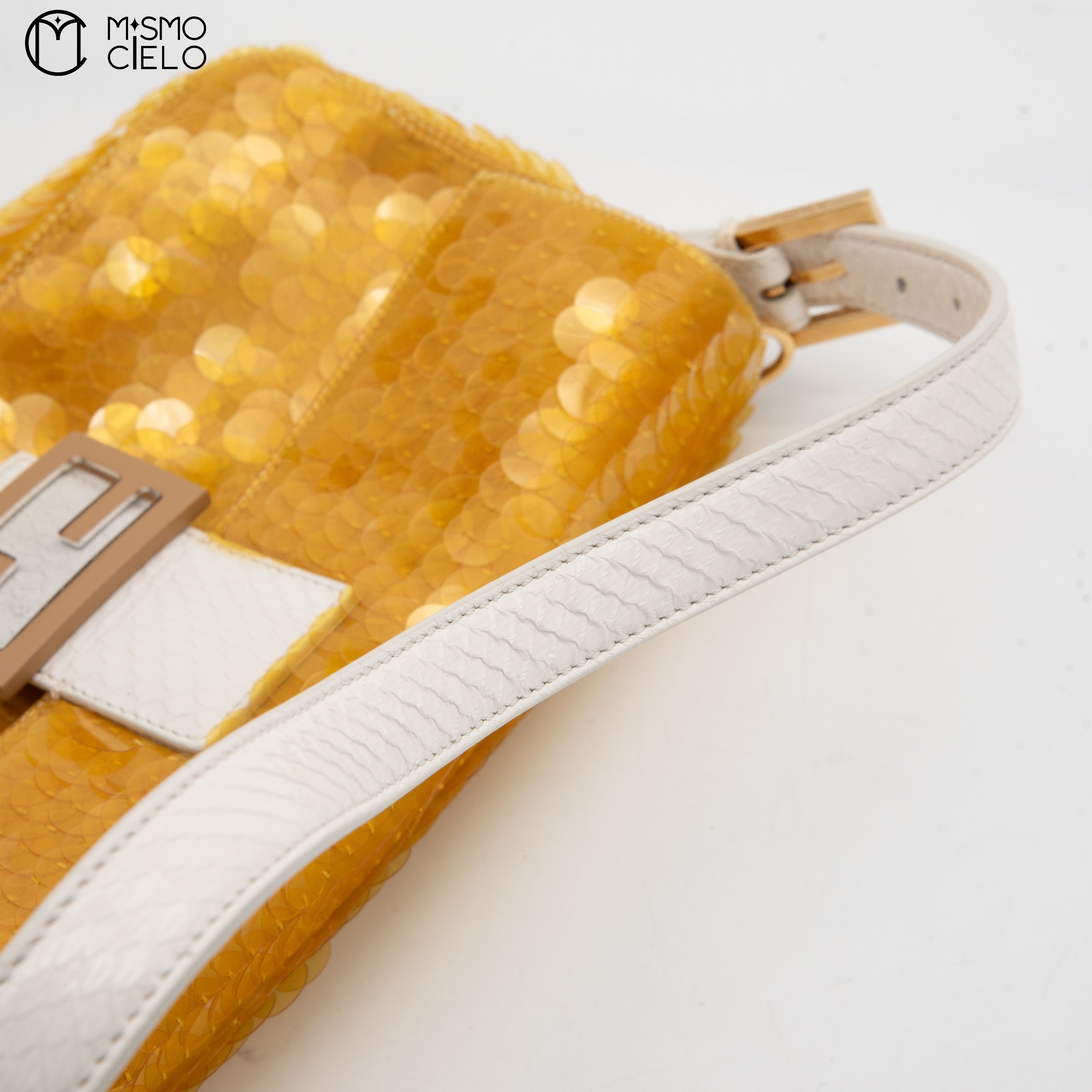 FENDI 1997 Yellow and White Baguette Spangle Python Shoulder Bag