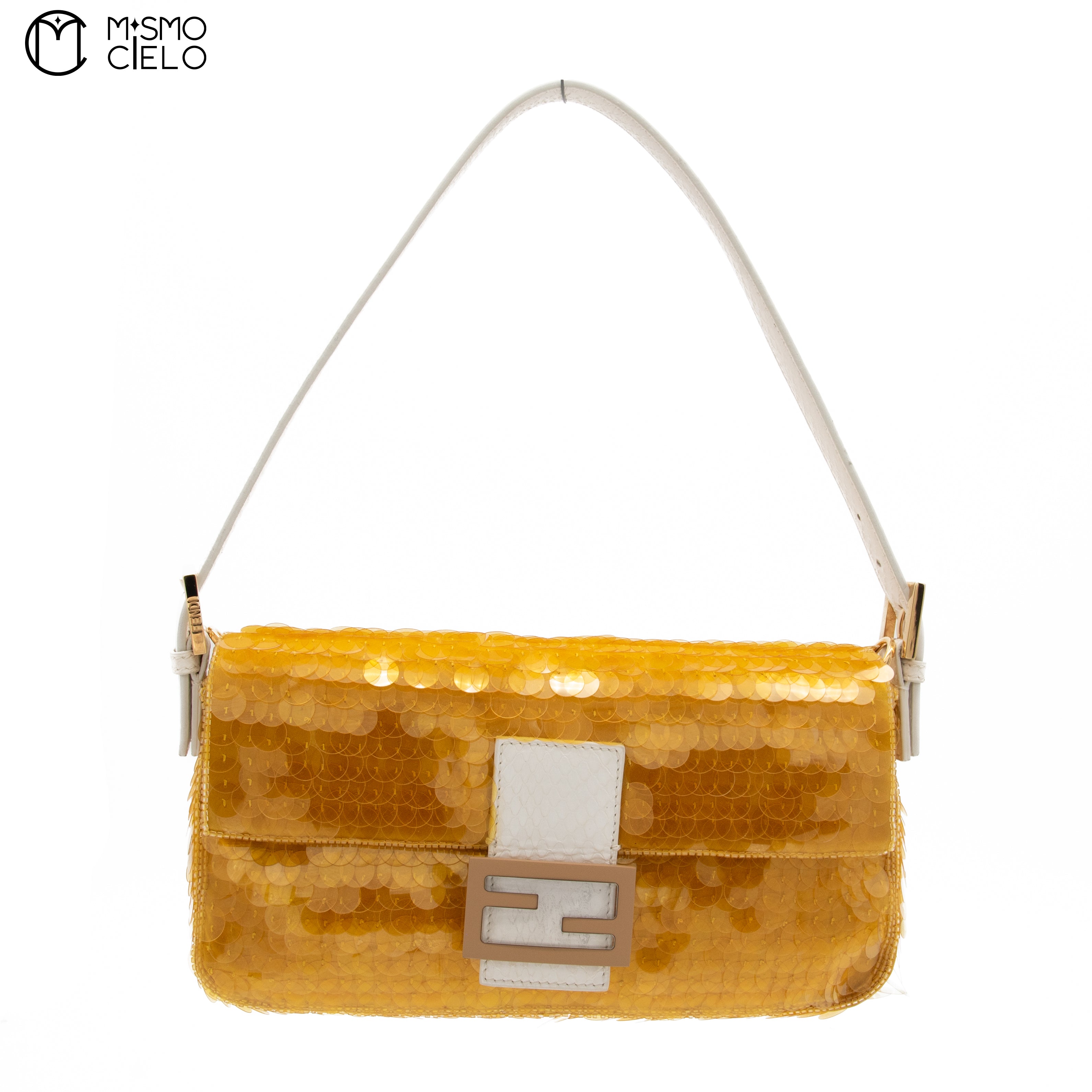 FENDI 1997 Yellow and White Baguette Spangle Python Shoulder Bag