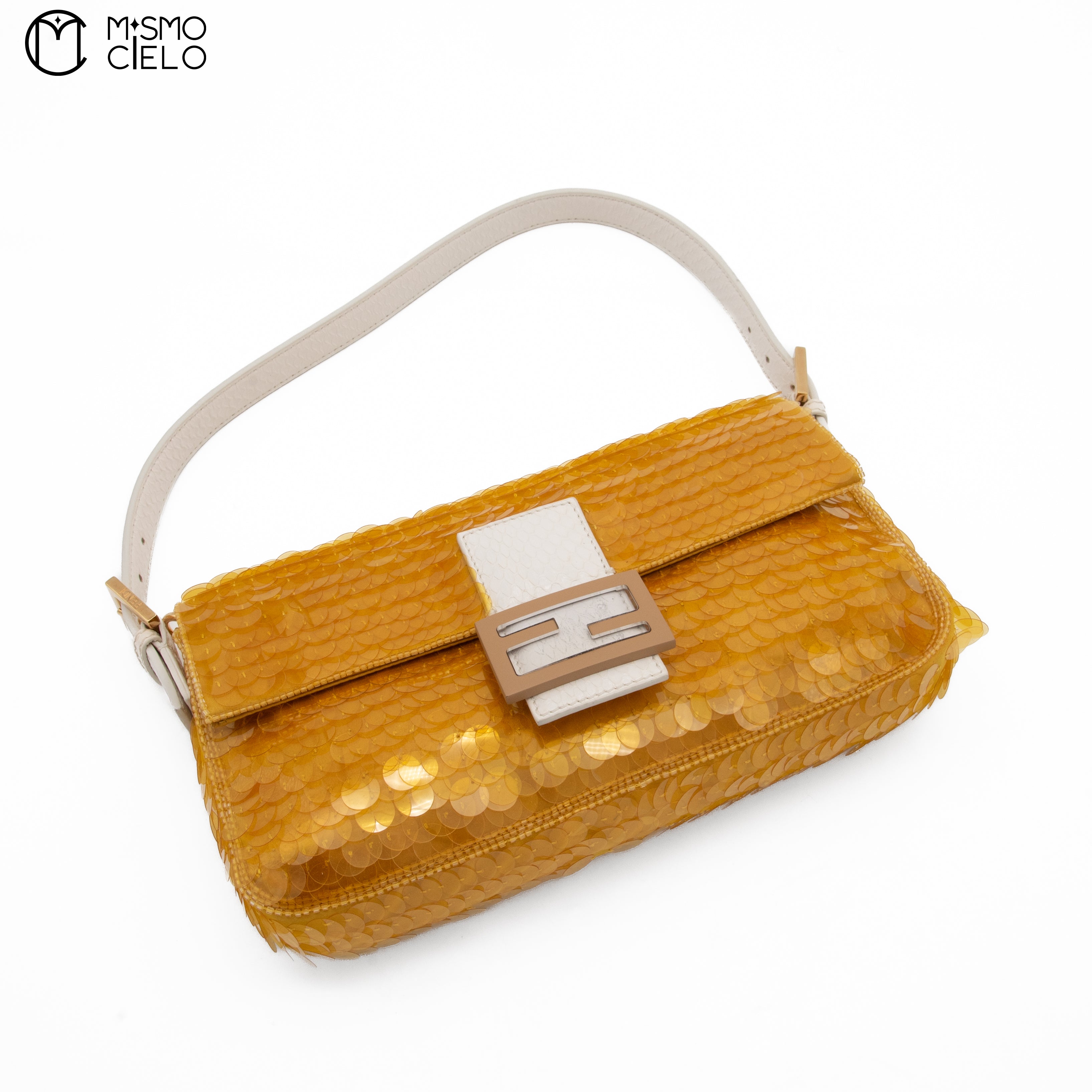 FENDI 1997 Yellow and White Baguette Spangle Python Shoulder Bag
