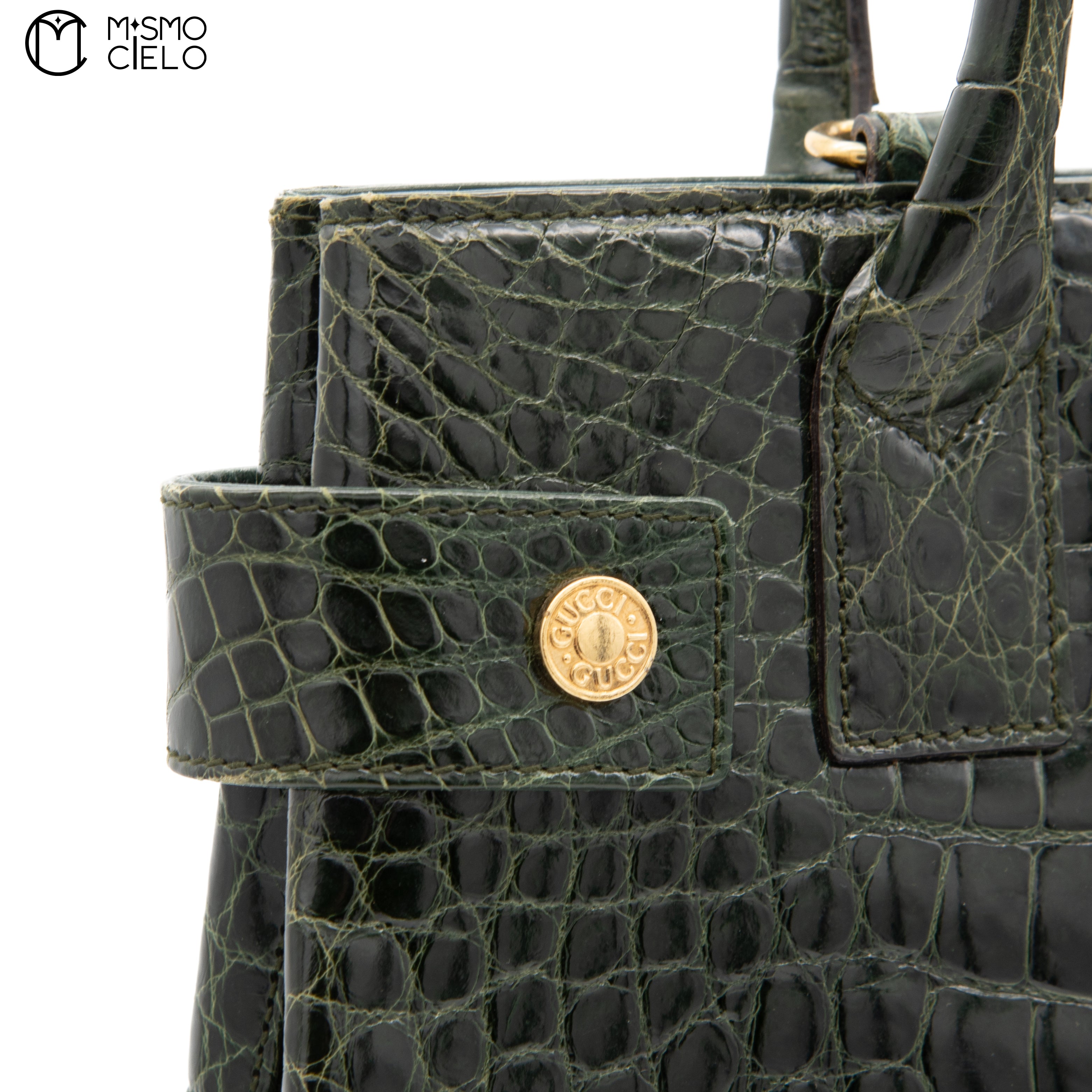 GUCCI Olive Green Crocodile Handbag with Strap ^