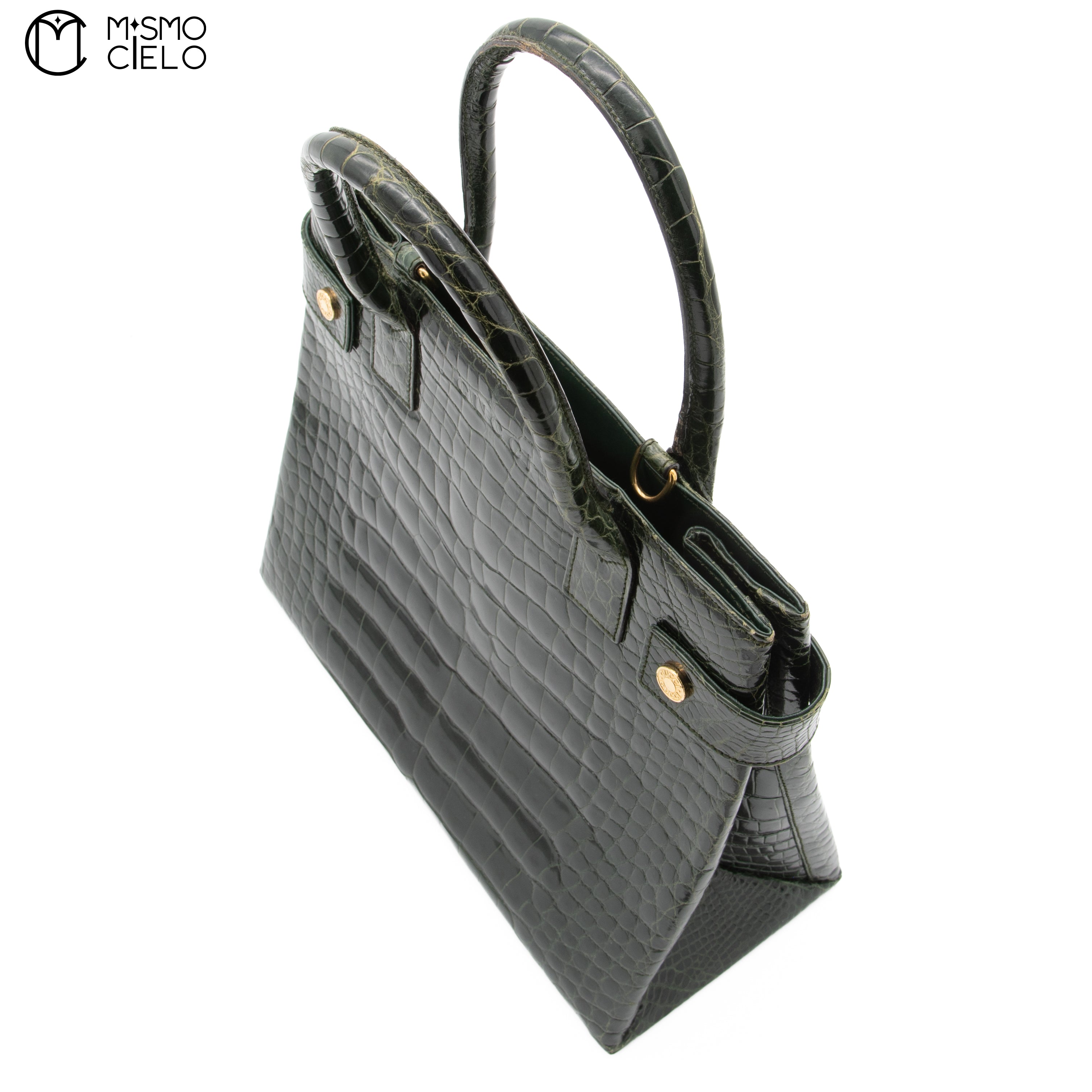 GUCCI Olive Green Crocodile Handbag with Strap ^