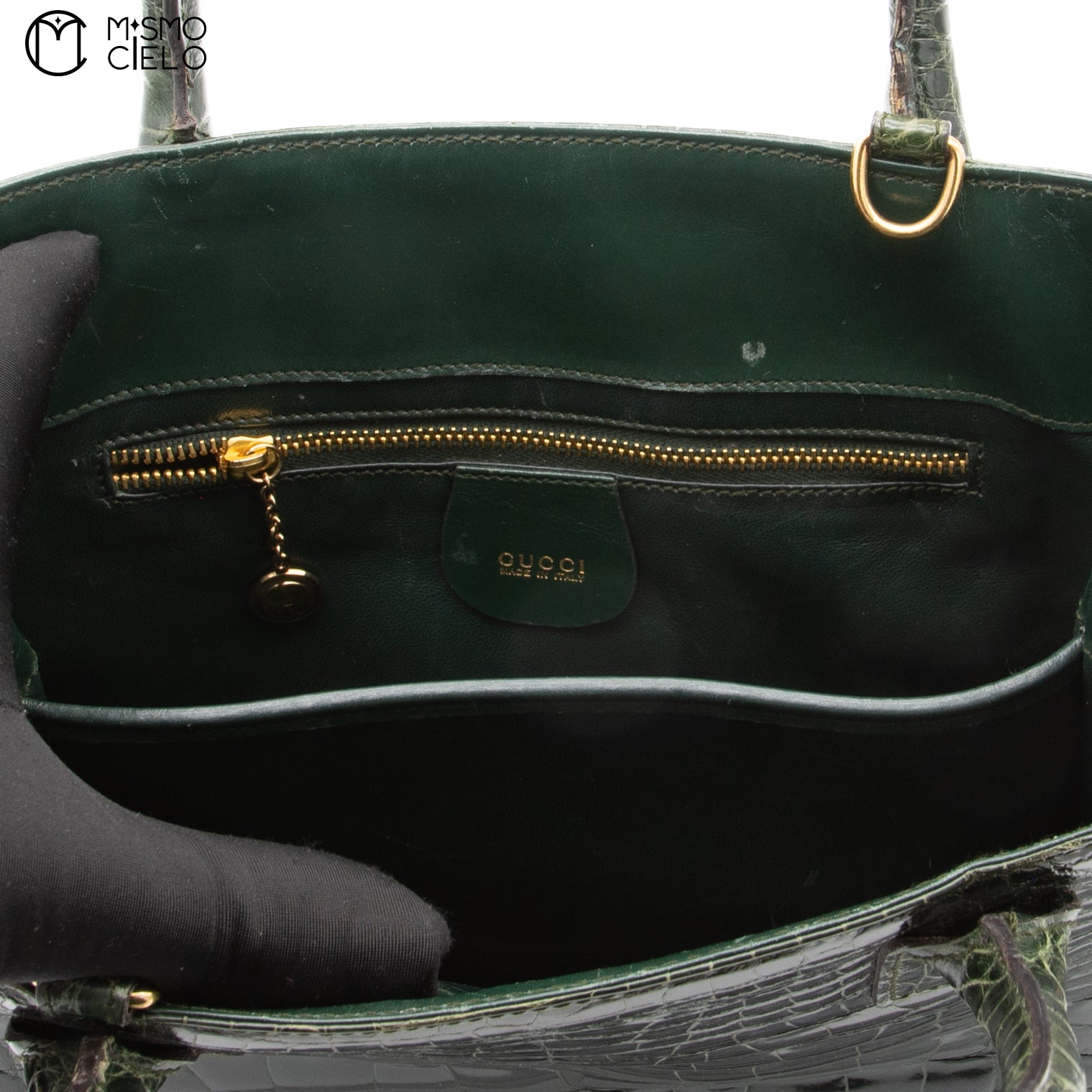 GUCCI Olive Green Crocodile Handbag with Strap ^