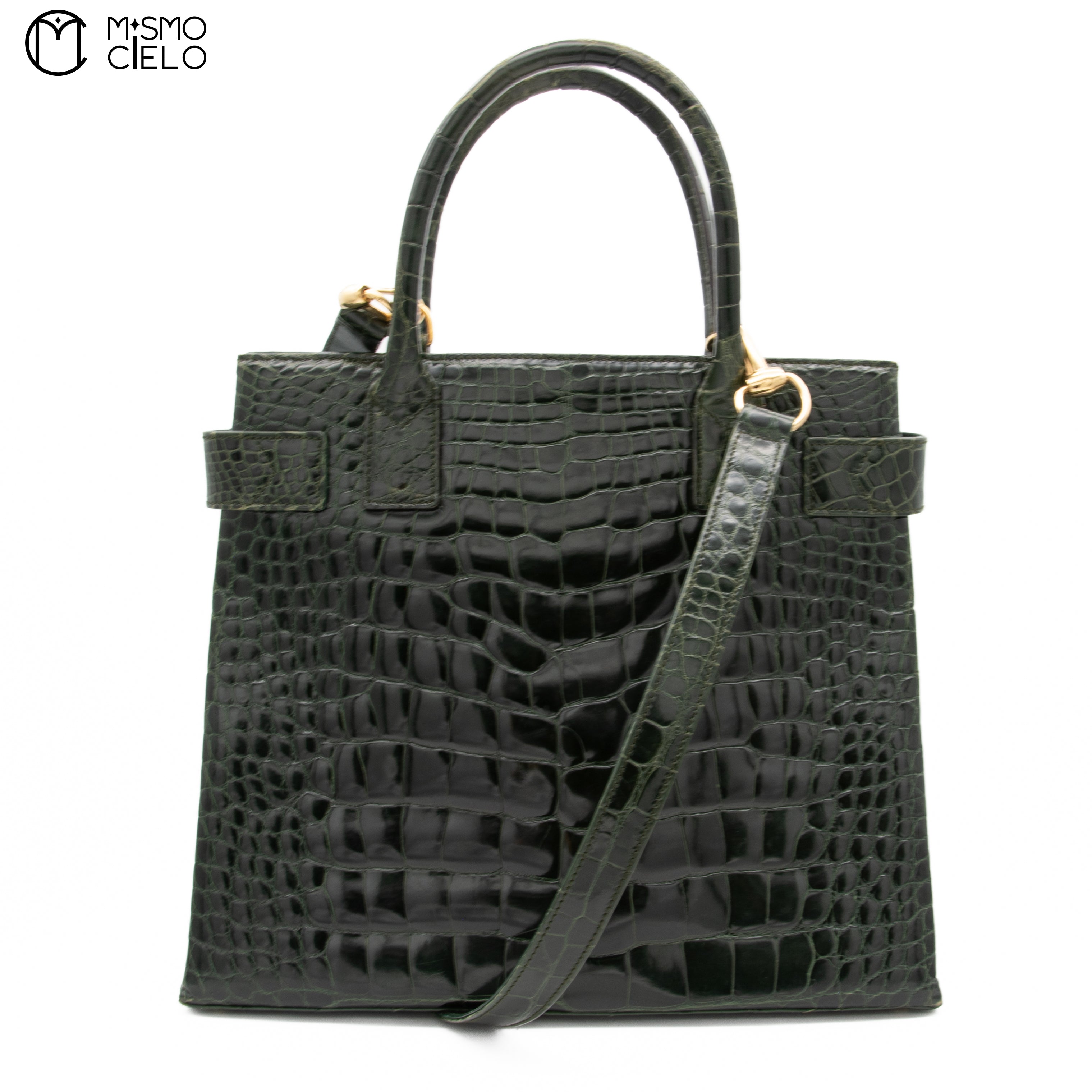 GUCCI Olive Green Crocodile Handbag with Strap ^