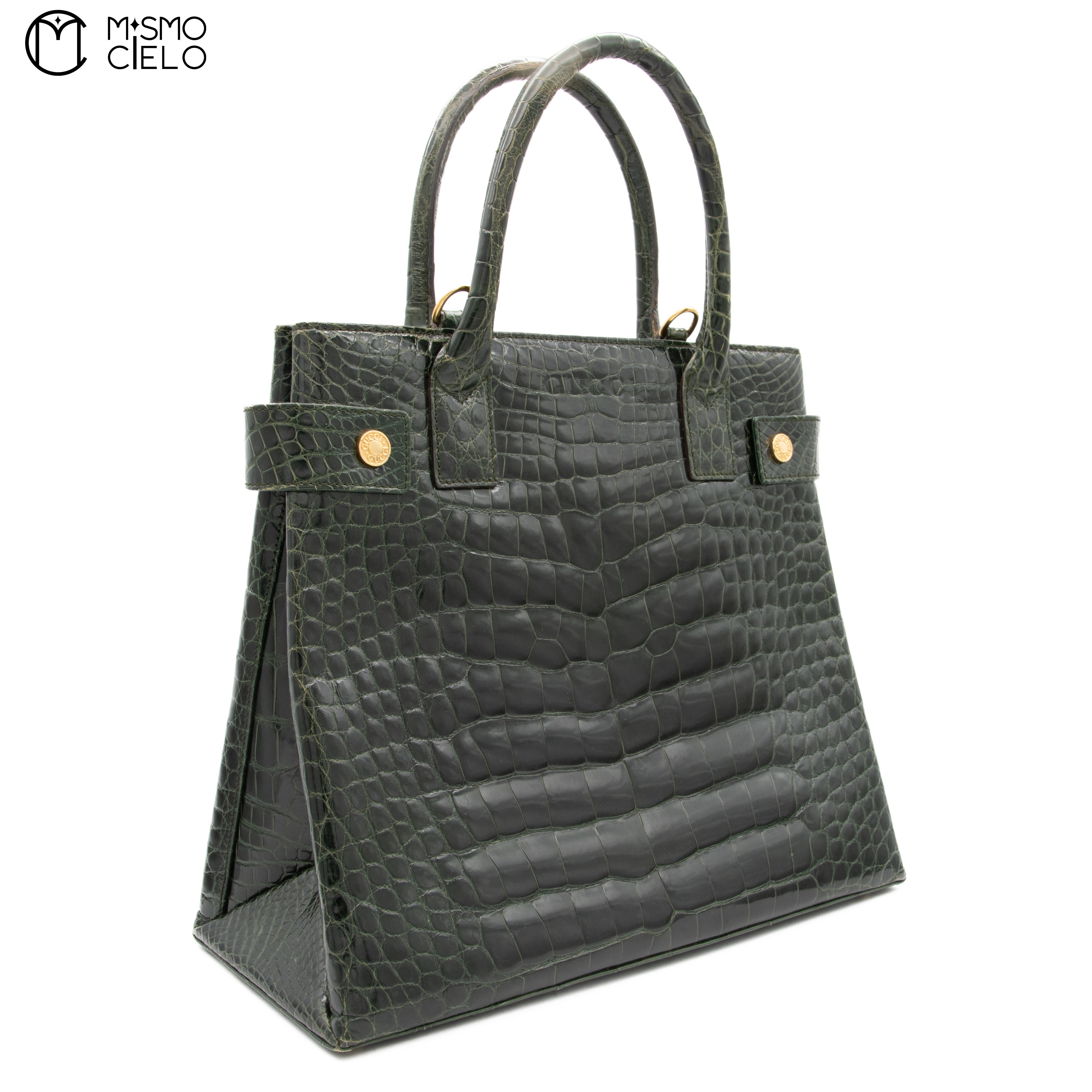 GUCCI Olive Green Crocodile Handbag with Strap ^
