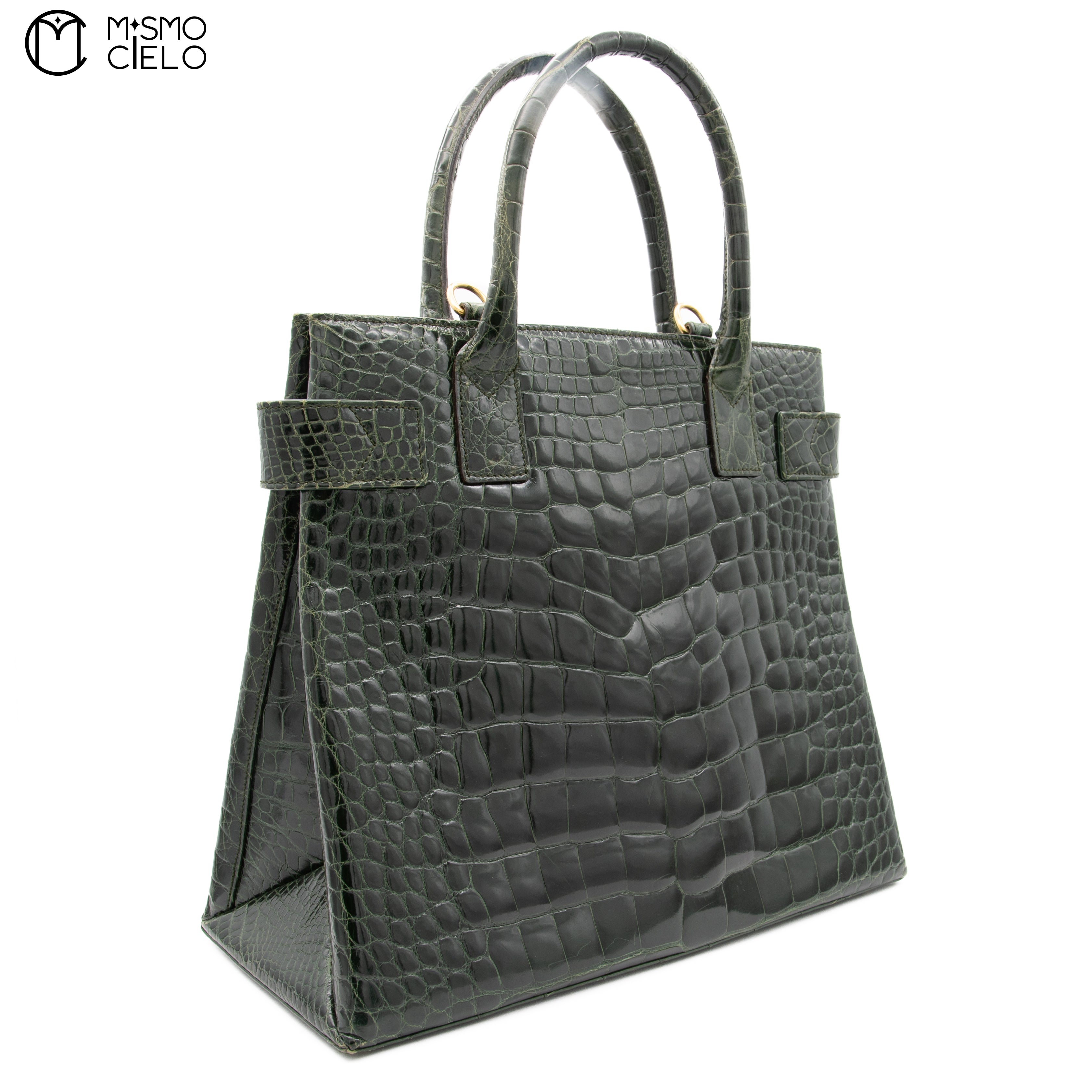 GUCCI Olive Green Crocodile Handbag with Strap ^