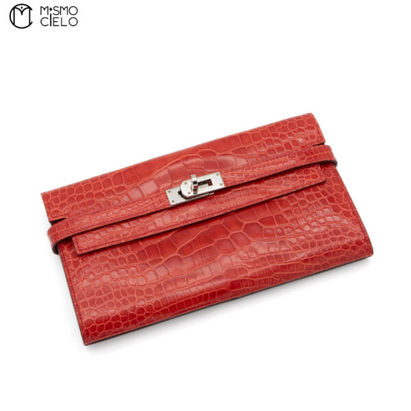 Kelly Orange Poppy Crocodile Skin Bifold Wallet with P Engraved