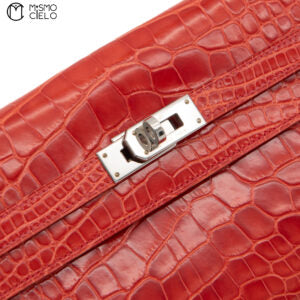 Kelly Orange Poppy Crocodile Skin Bifold Wallet with P Engraved