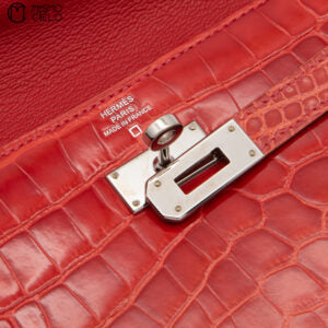 Kelly Orange Poppy Crocodile Skin Bifold Wallet with P Engraved