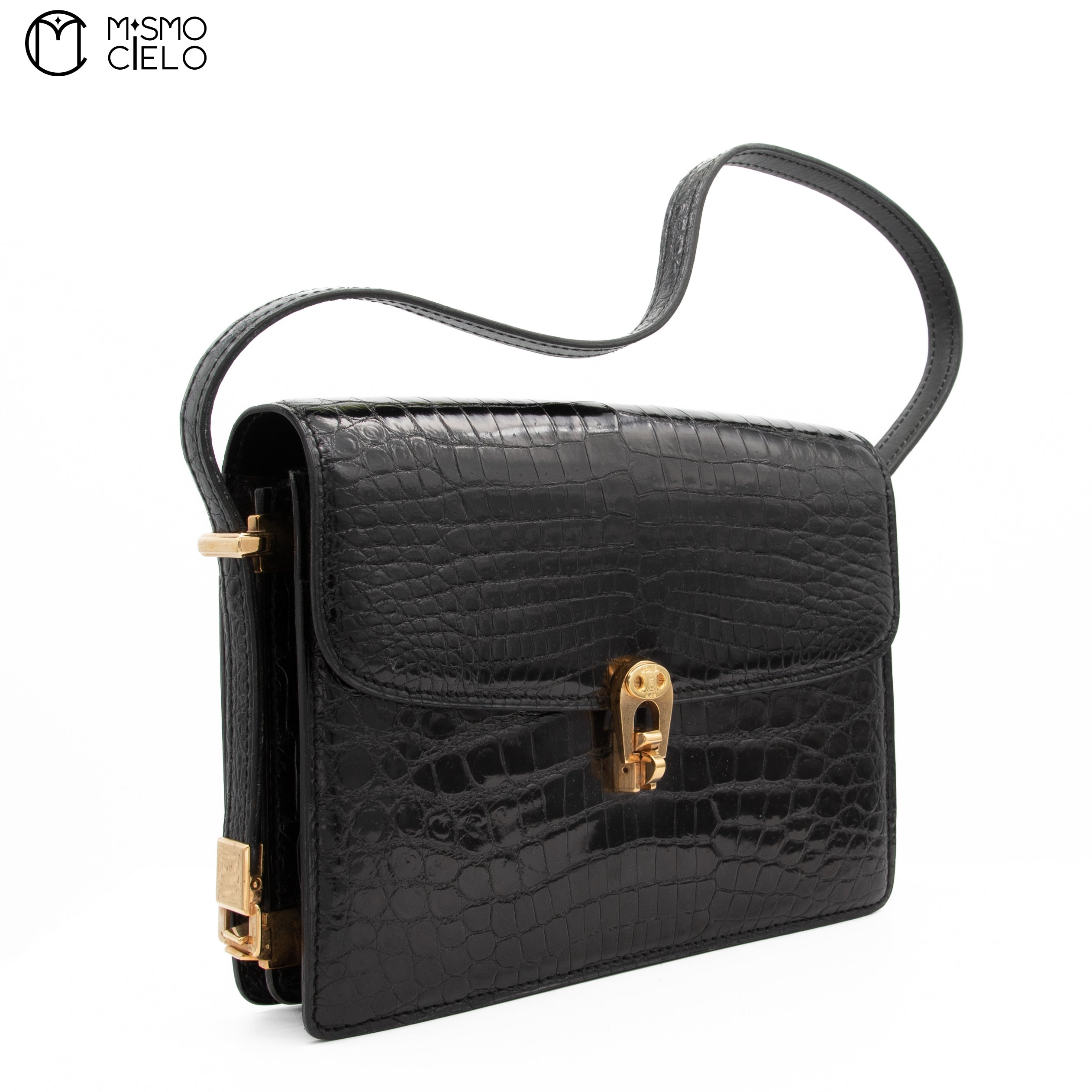 CELINE Black Crocodile Triomphe Shoulder bag