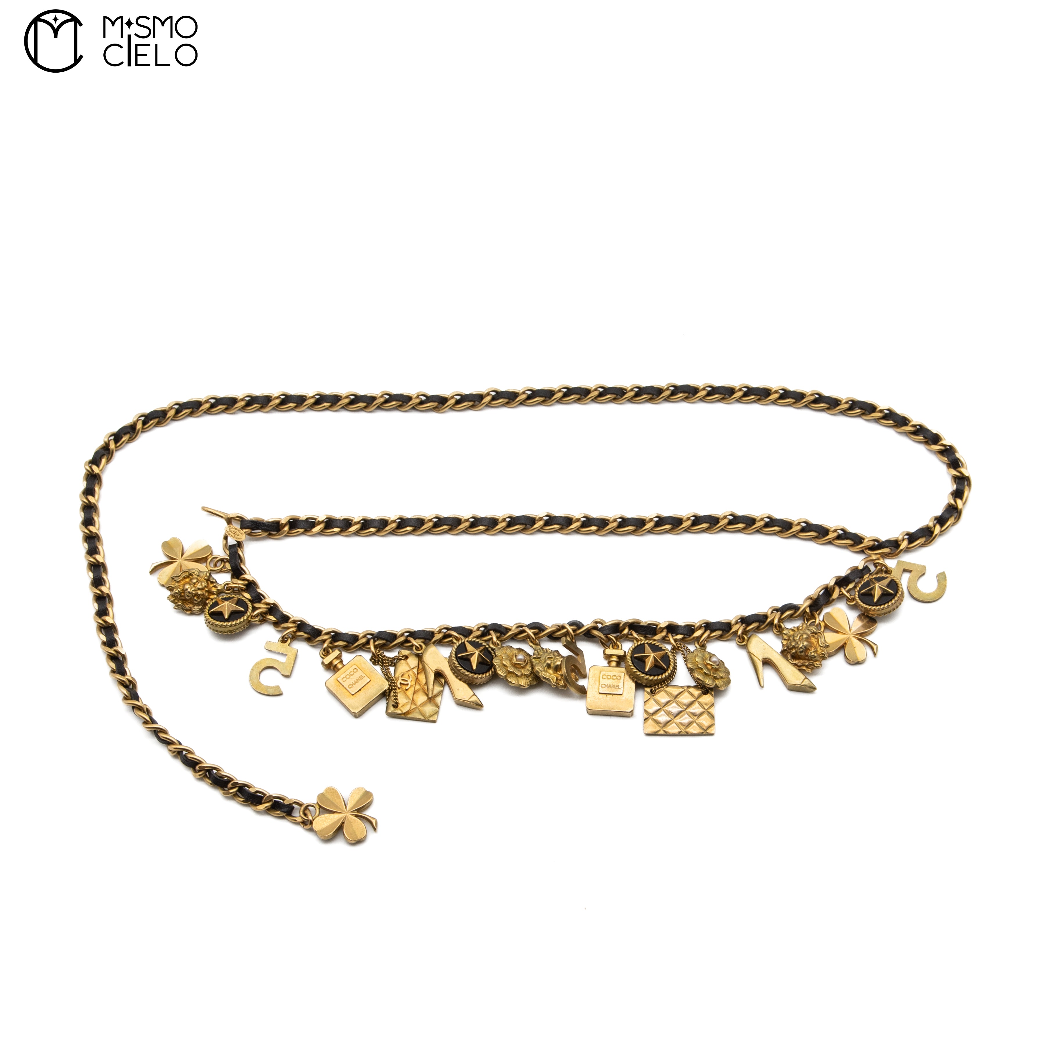 Multi-Icon Charm Leather Chain Belt