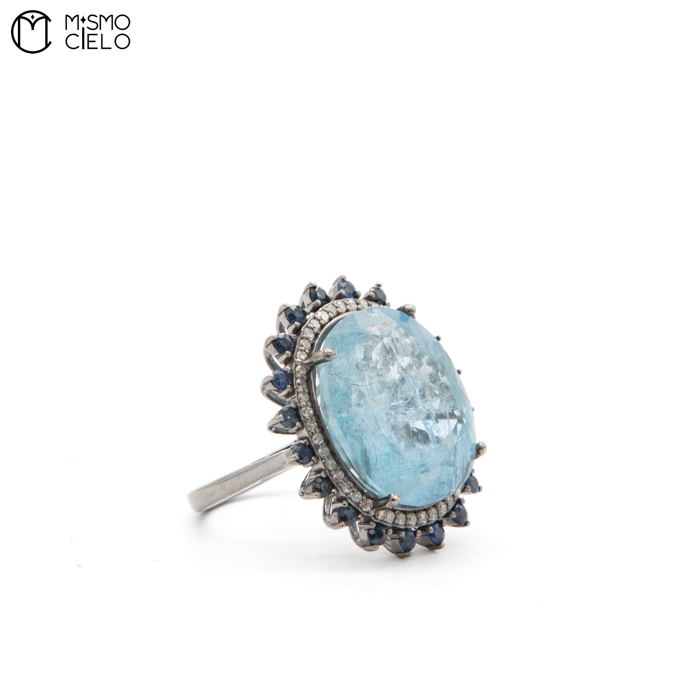 Silver 5.08 Ct Aquamarine Sapphire and Diamond Ring