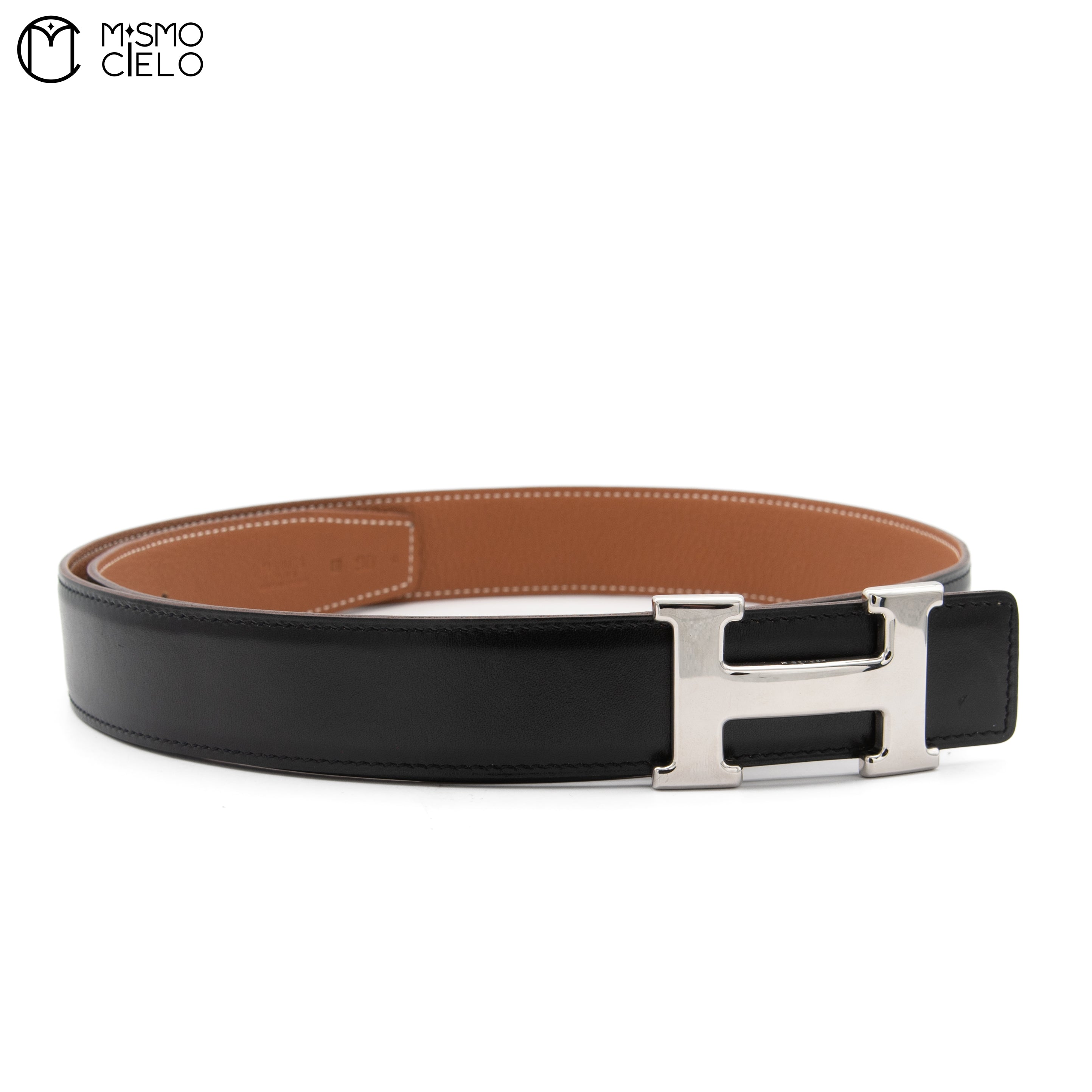 HERMES Silver H Belt  J Series, Black/ Brown Size 90 *
