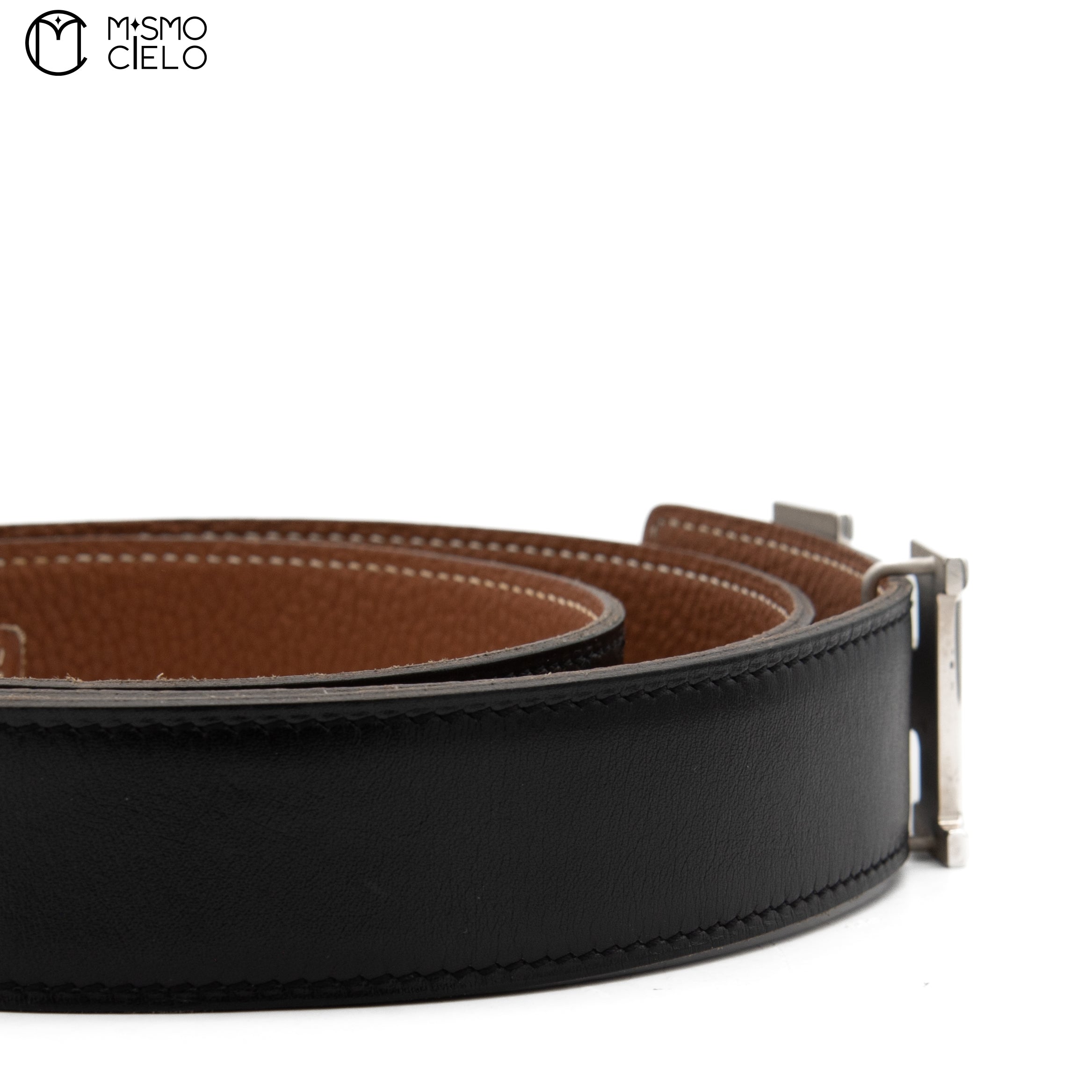 HERMES Silver Constance H Belt Black and Brown K Engraved 115 cm *
