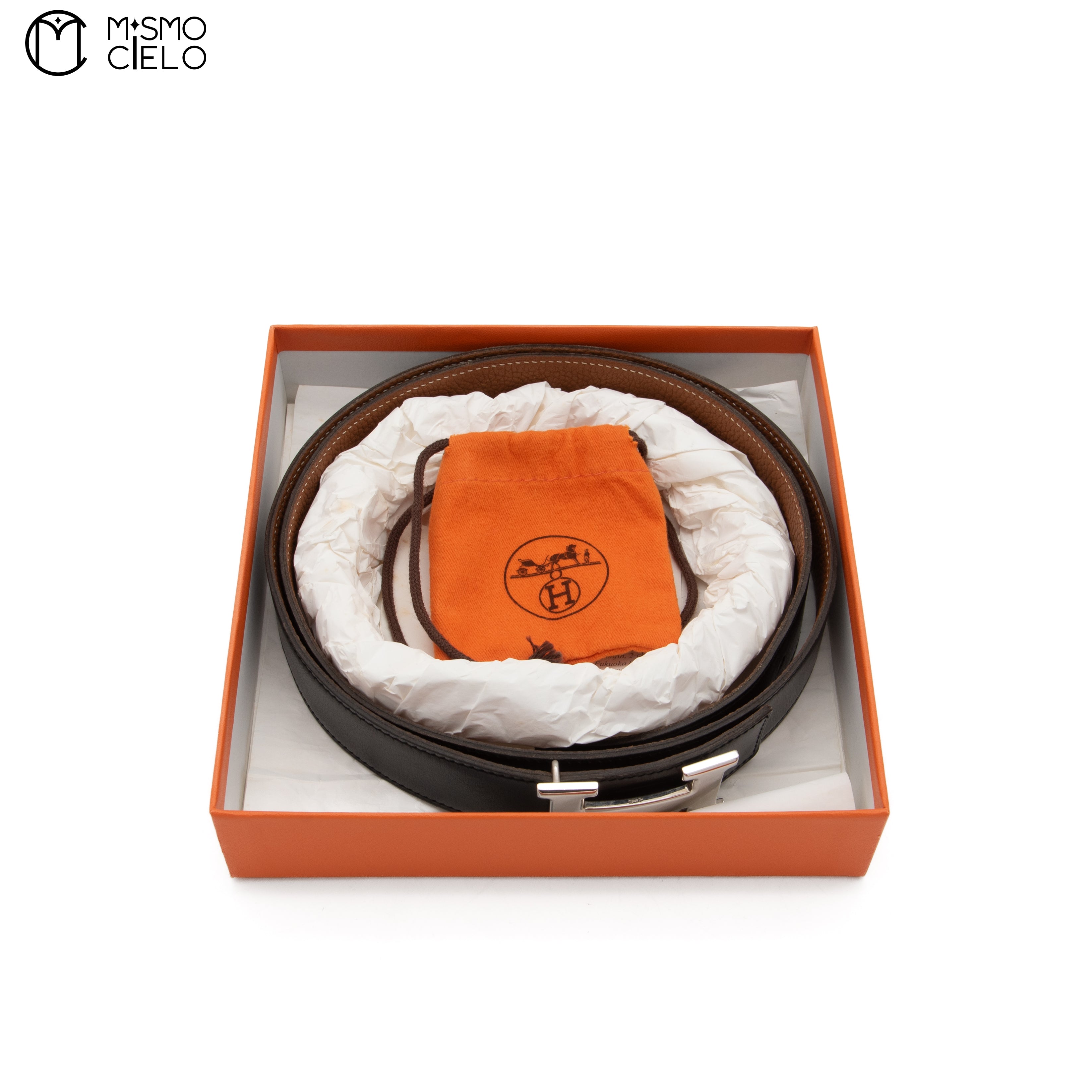 HERMES Silver Constance H Belt Black and Brown K Engraved 115 cm *