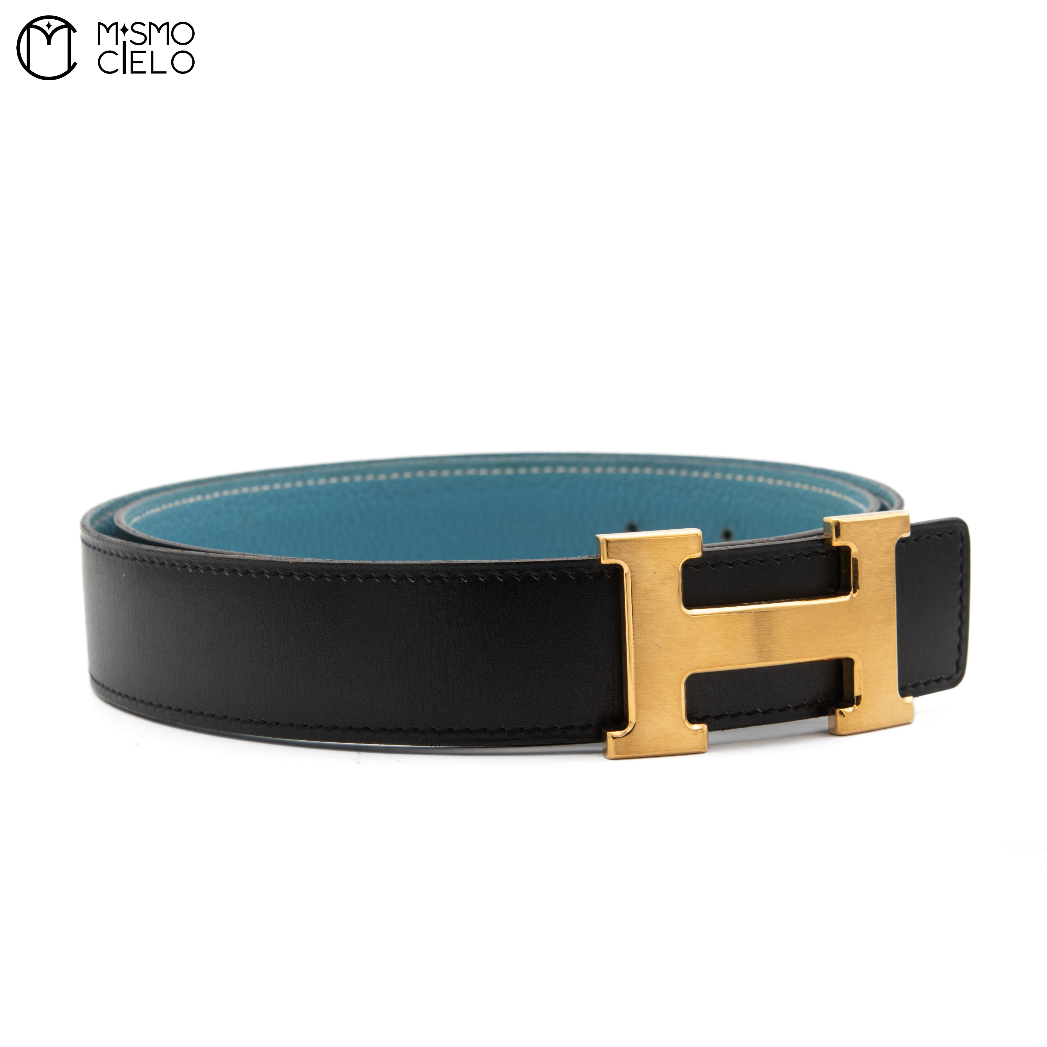 Gold H Belt leather G Engraved Black/blue