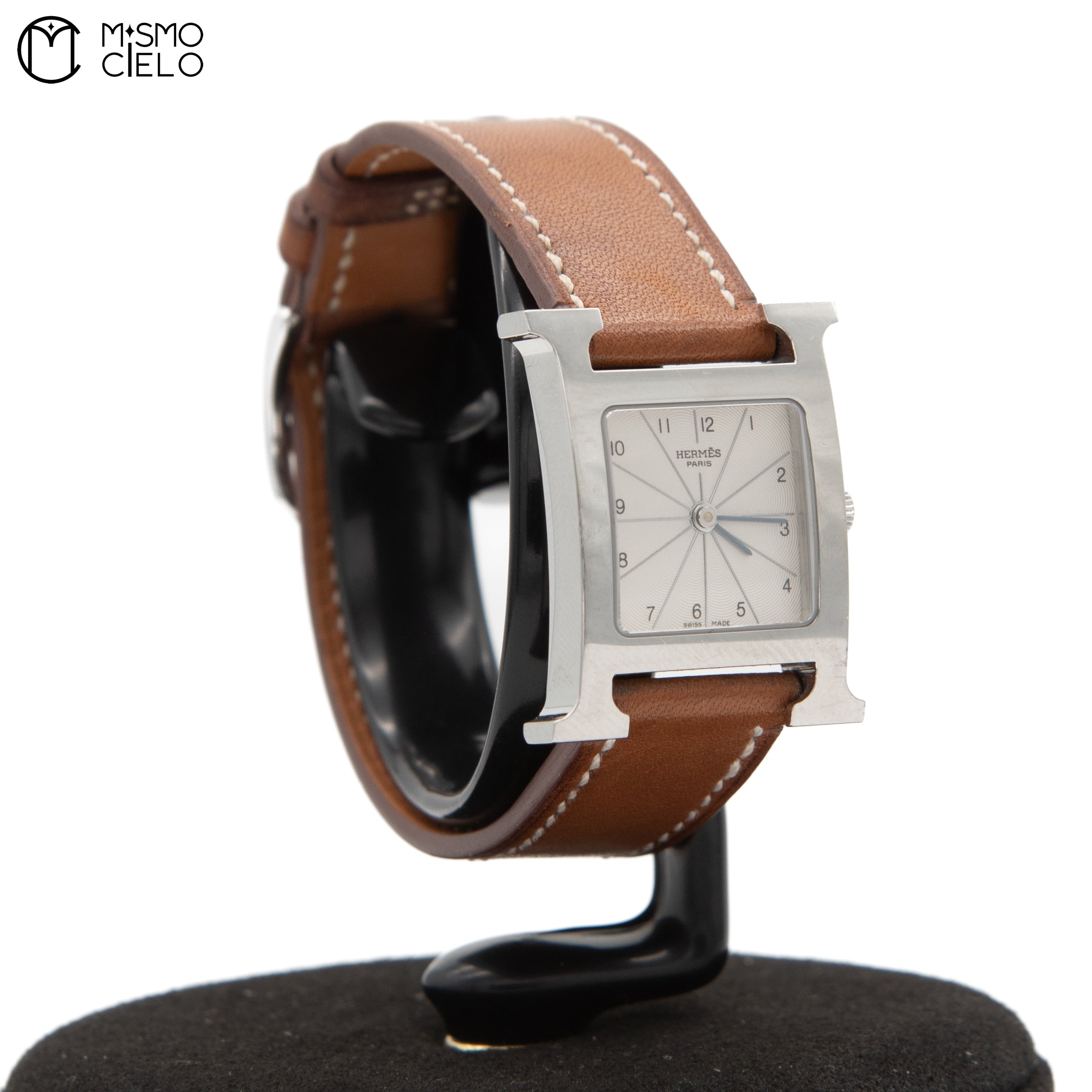 Silver H Watch White Face Brown Band