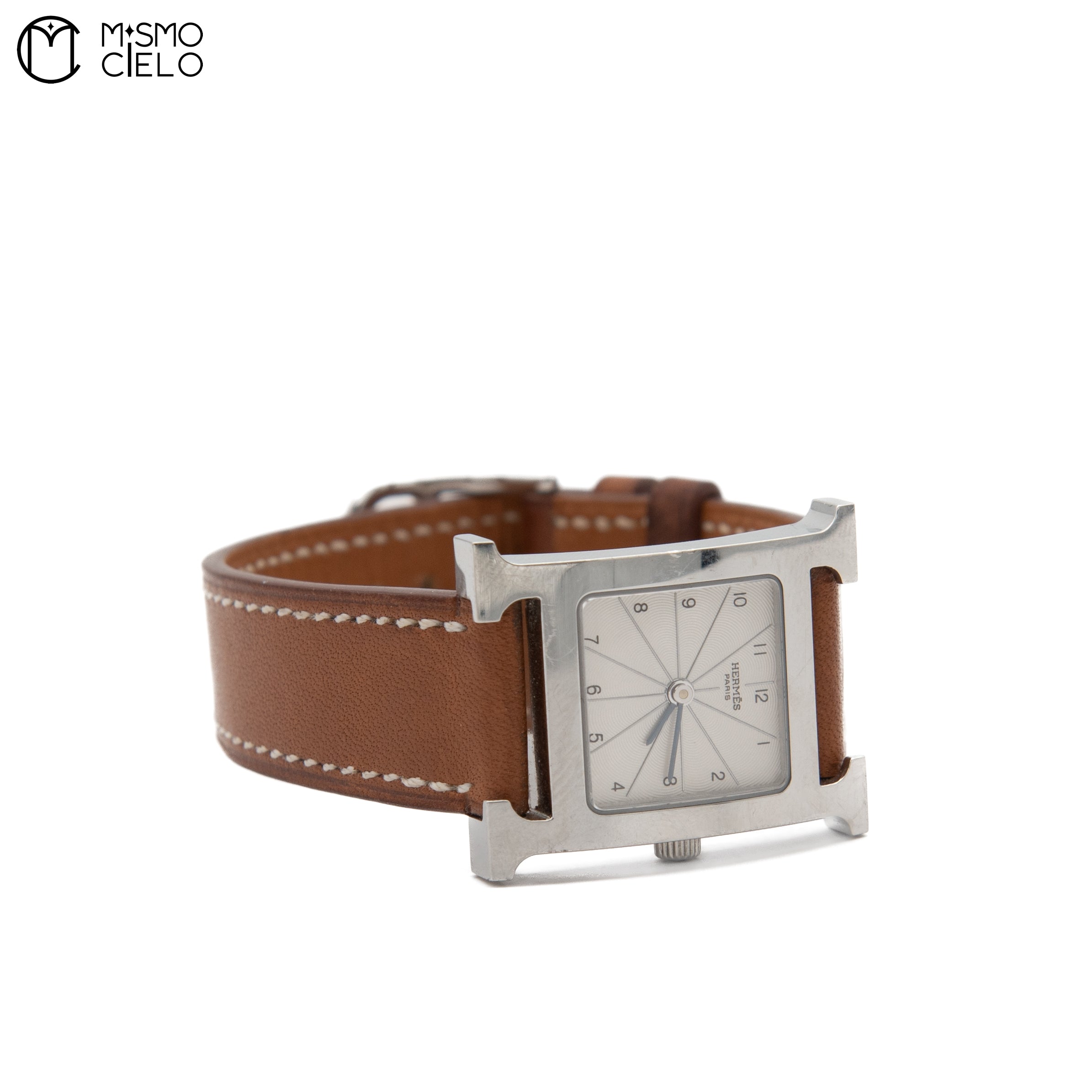 Silver H Watch White Face Brown Band