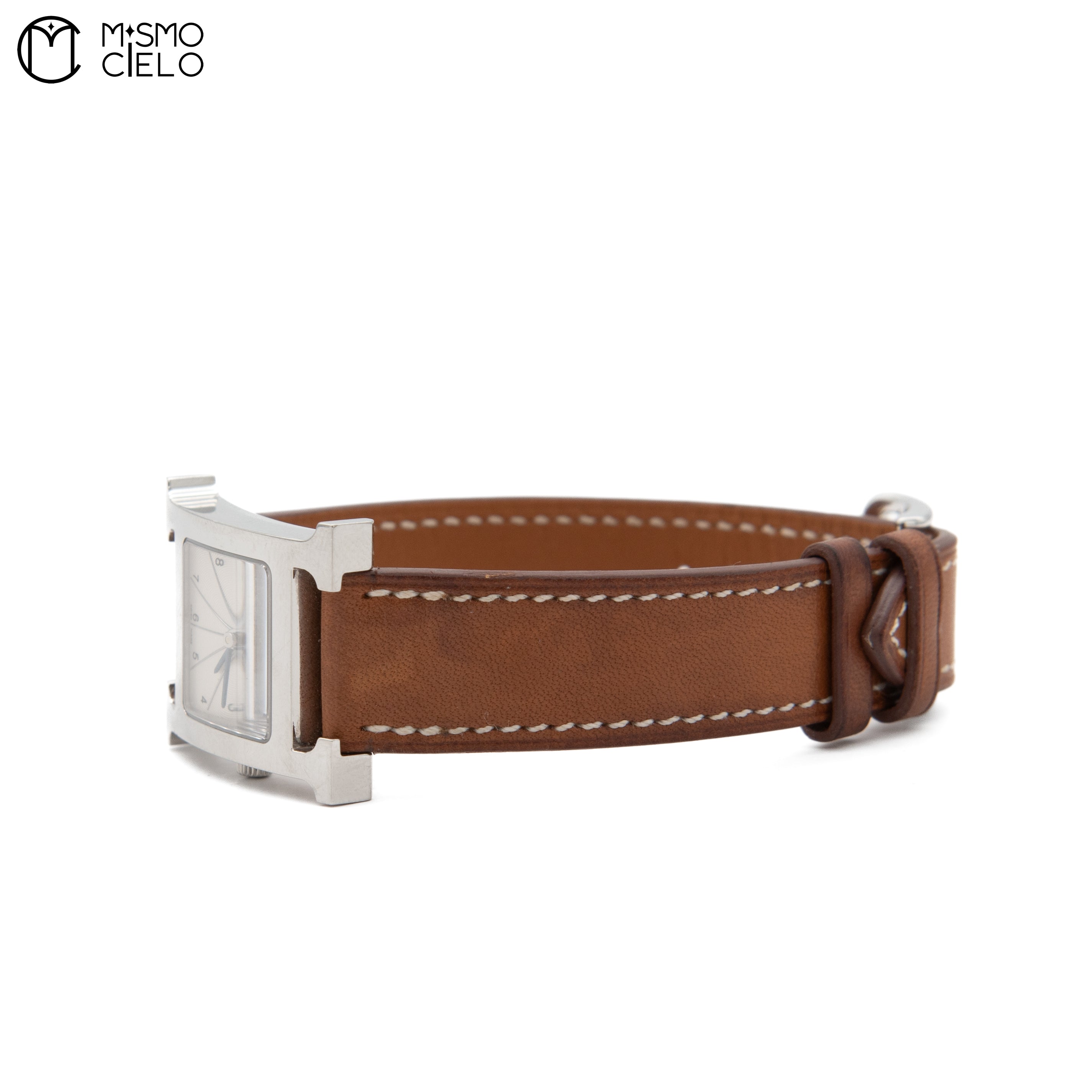 Silver H Watch White Face Brown Band