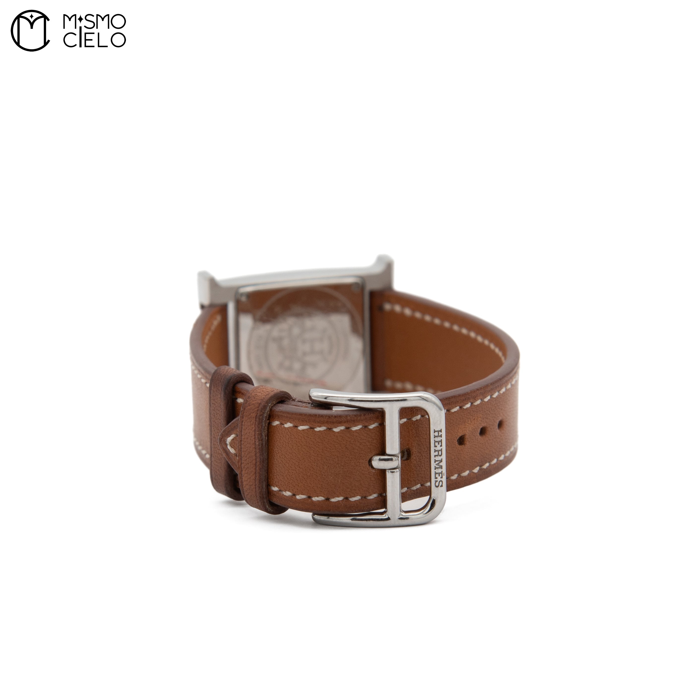 Silver H Watch White Face Brown Band