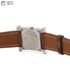 Silver H Watch White Face Brown Band