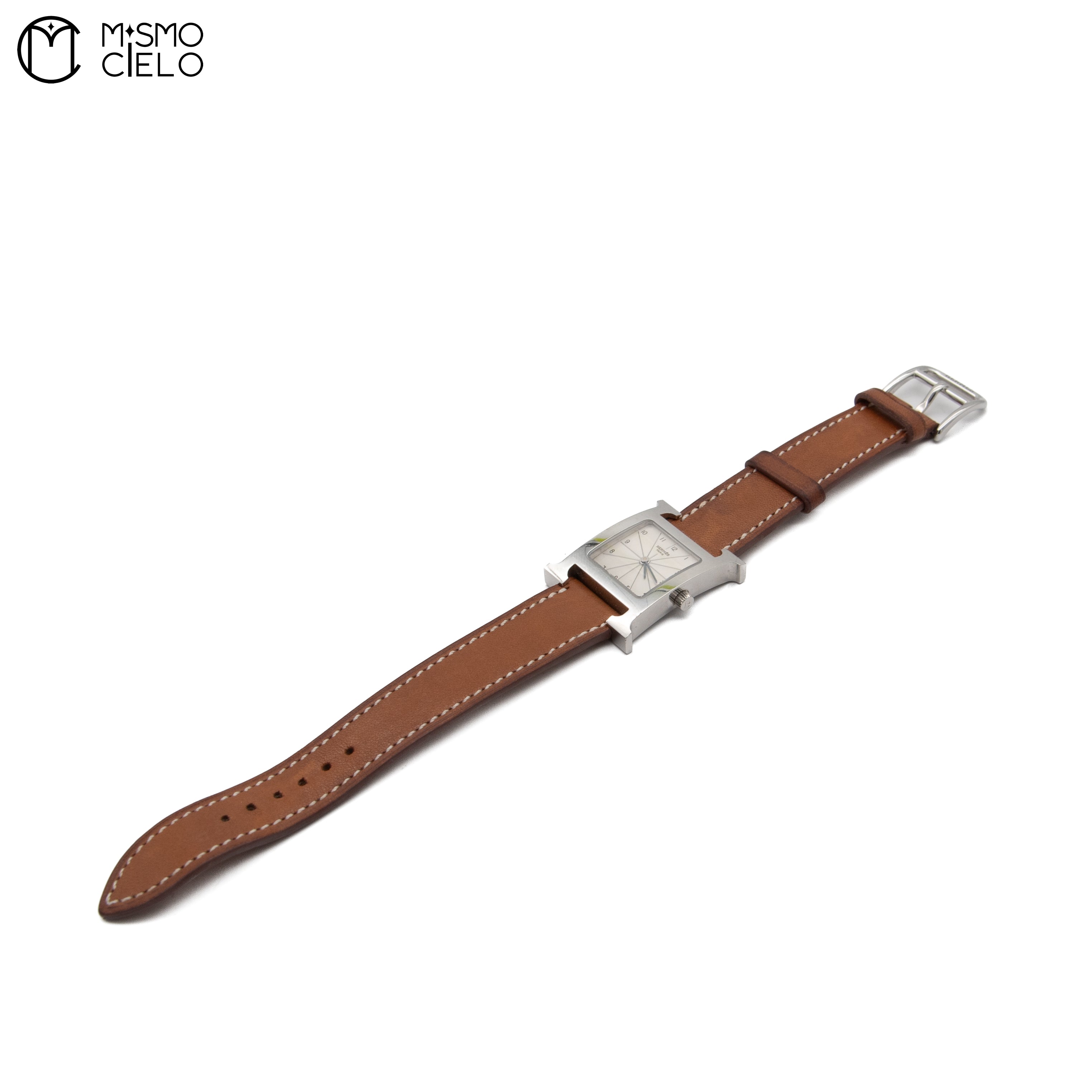 Silver H Watch White Face Brown Band