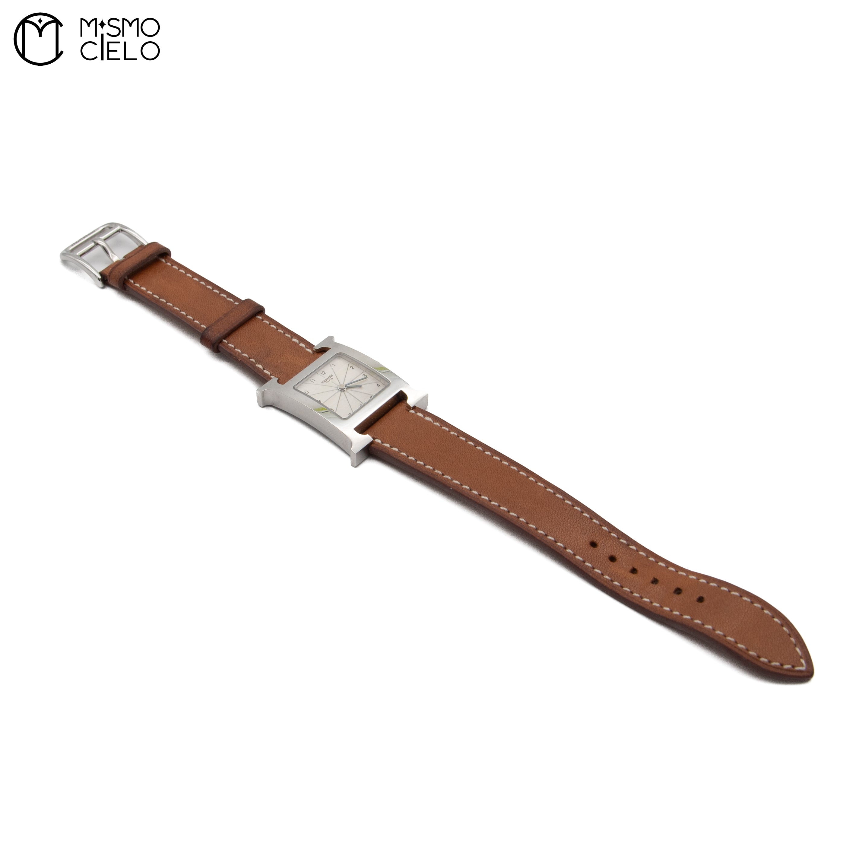 Silver H Watch White Face Brown Band