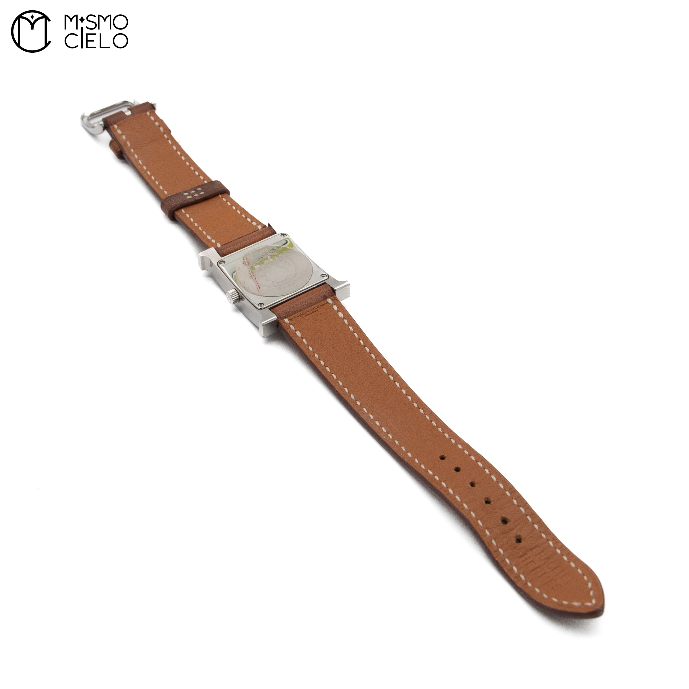 Silver H Watch White Face Brown Band