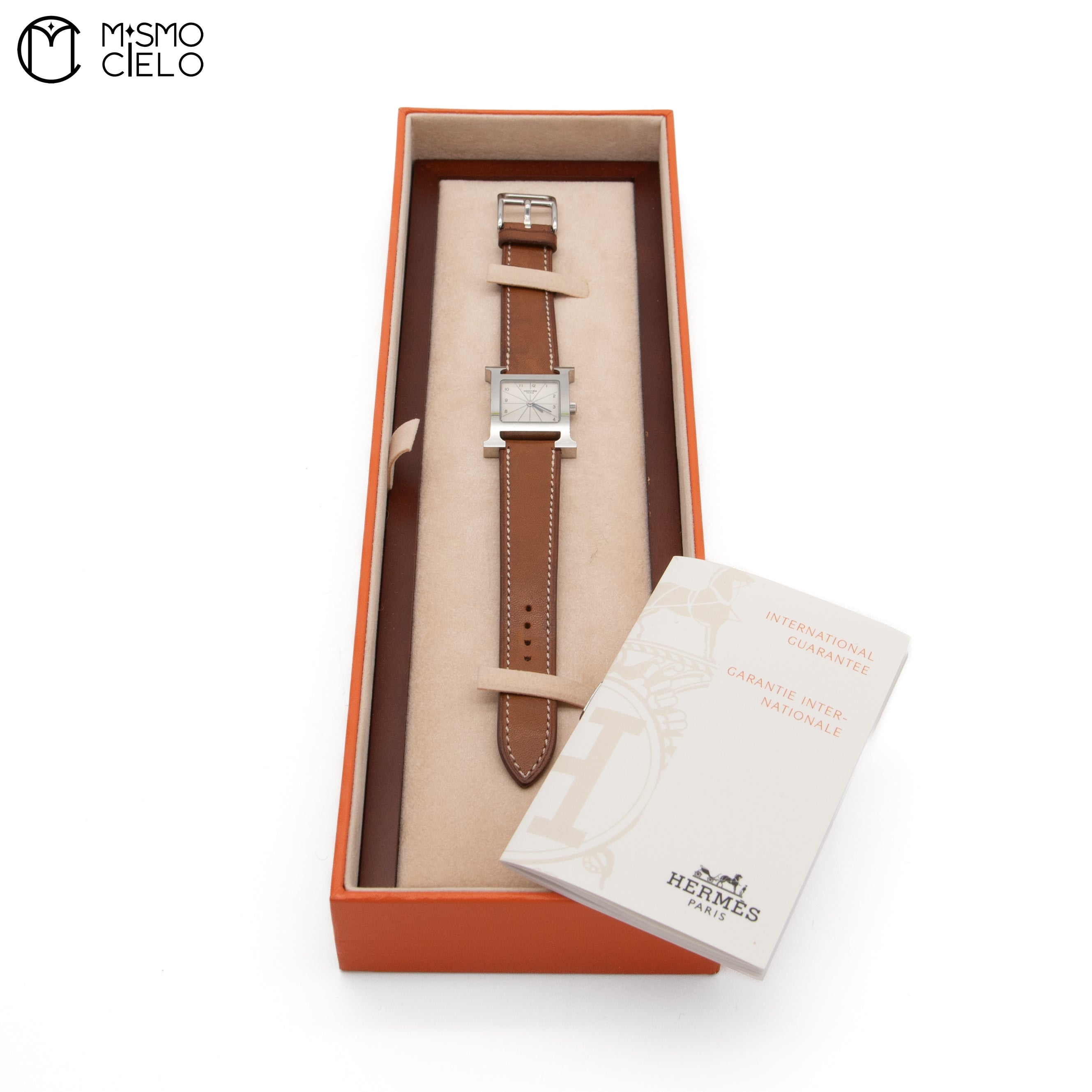 Silver H Watch White Face Brown Band