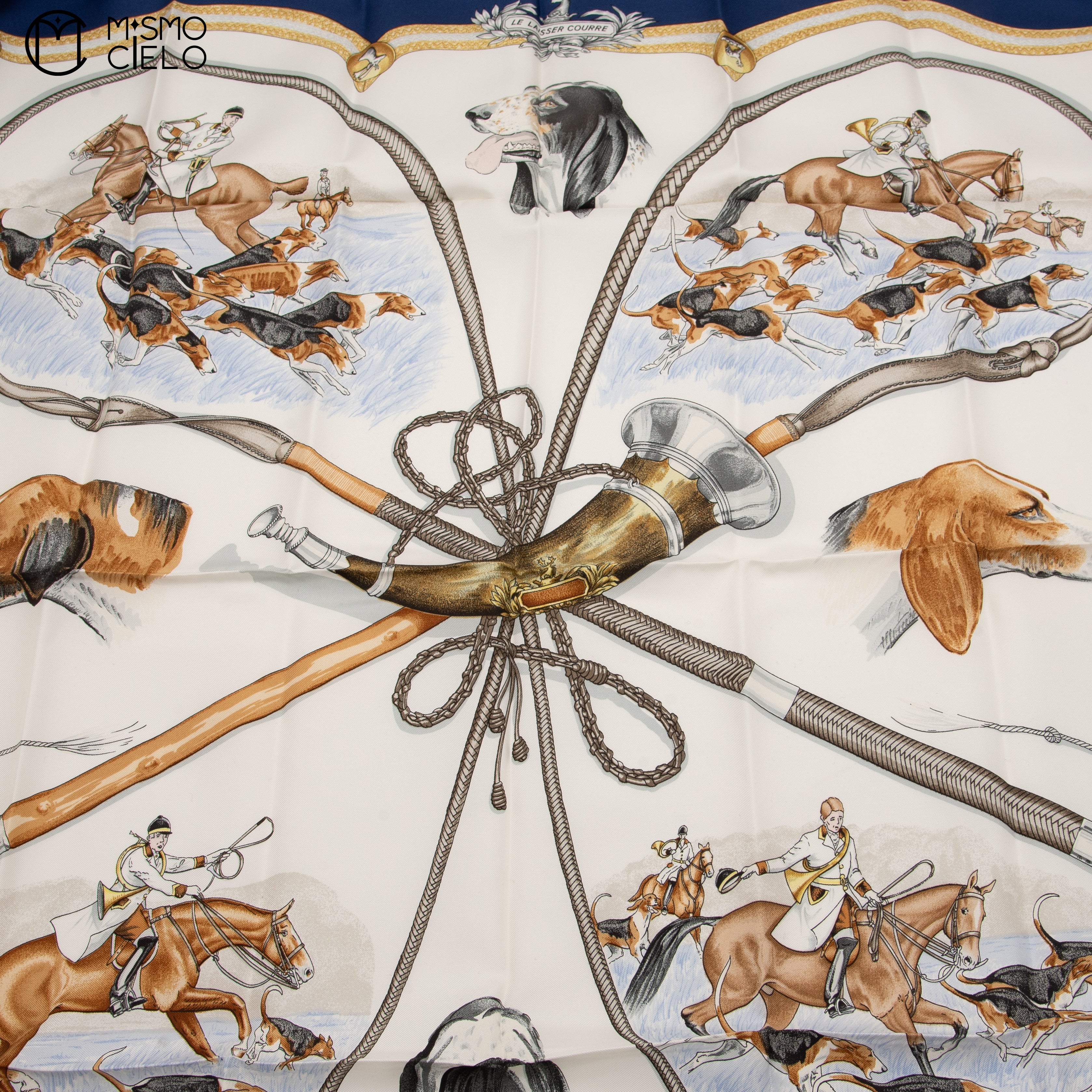 HERMES Le Laisser Courre Black Hunting Dogs Carre 90*