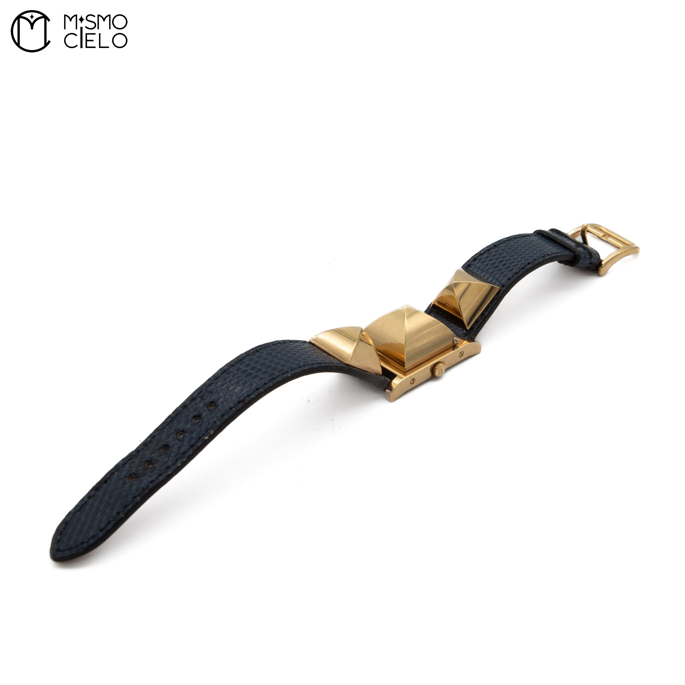 Navy Blue Lizard Strap White Dial Gold Plated Watch