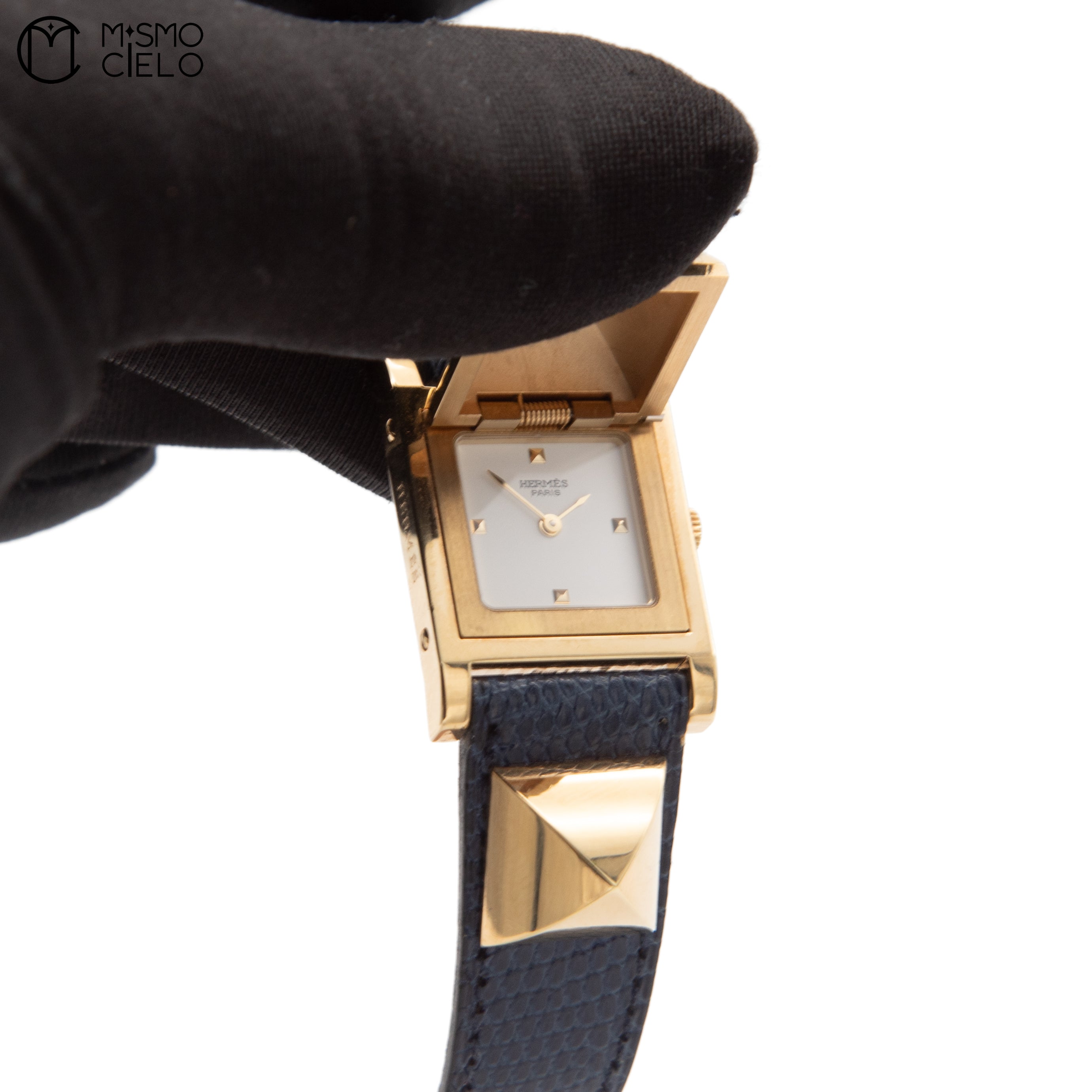 Navy Blue Lizard Strap White Dial Gold Plated Watch
