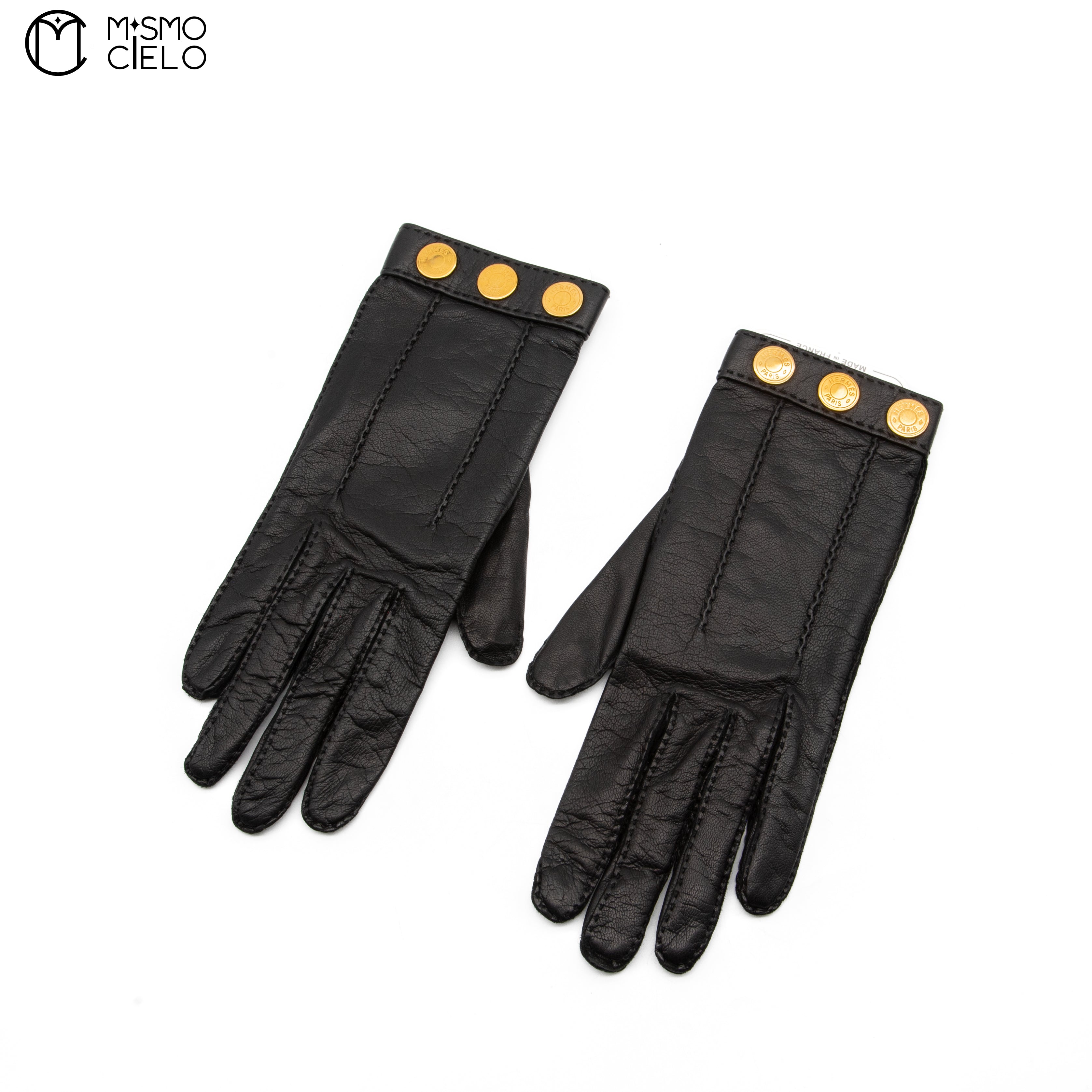 Black Series Leather Gloves with Gold Buttons