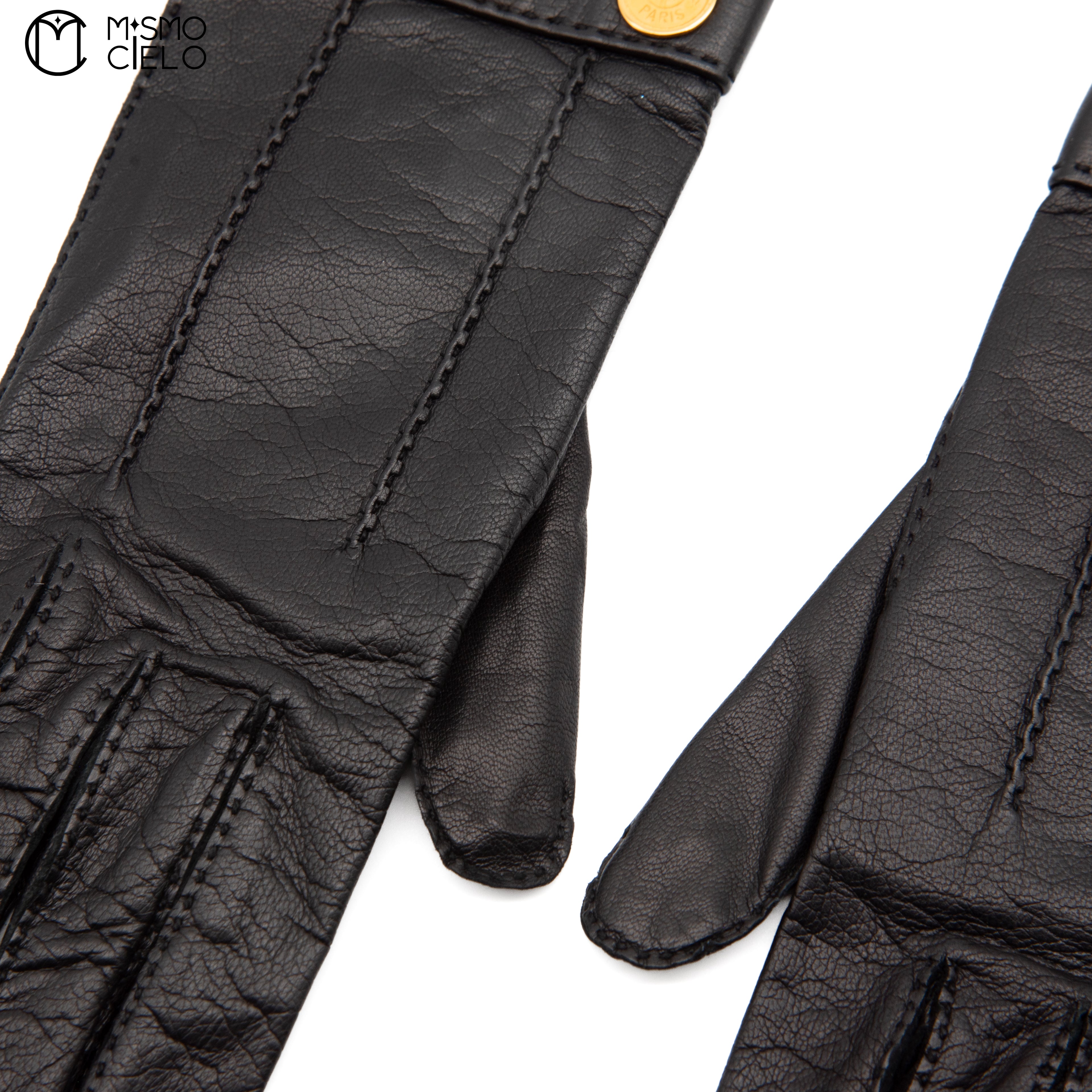 Black Series Leather Gloves with Gold Buttons