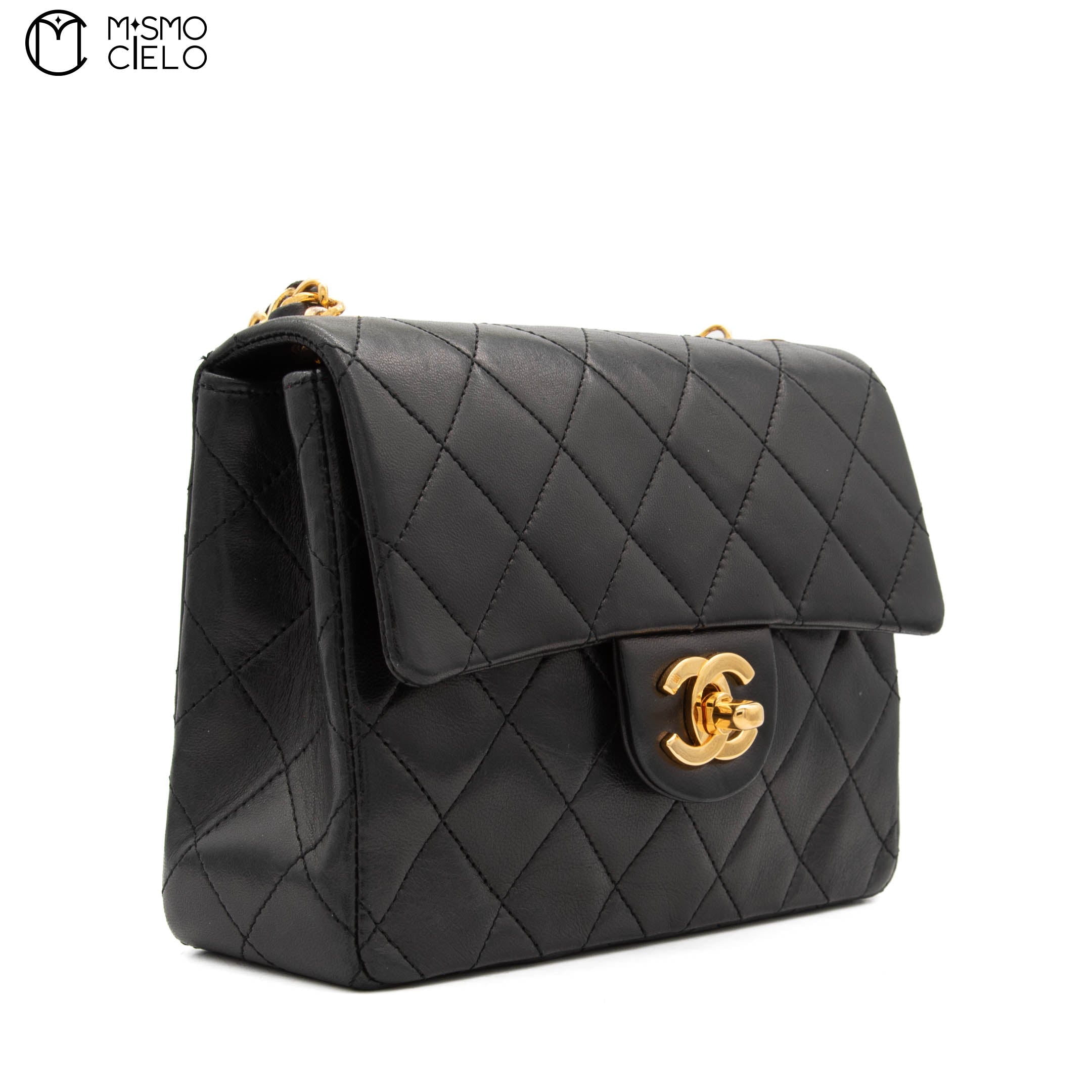 Black Lambskin Mini Square Ram Chain Handbag *