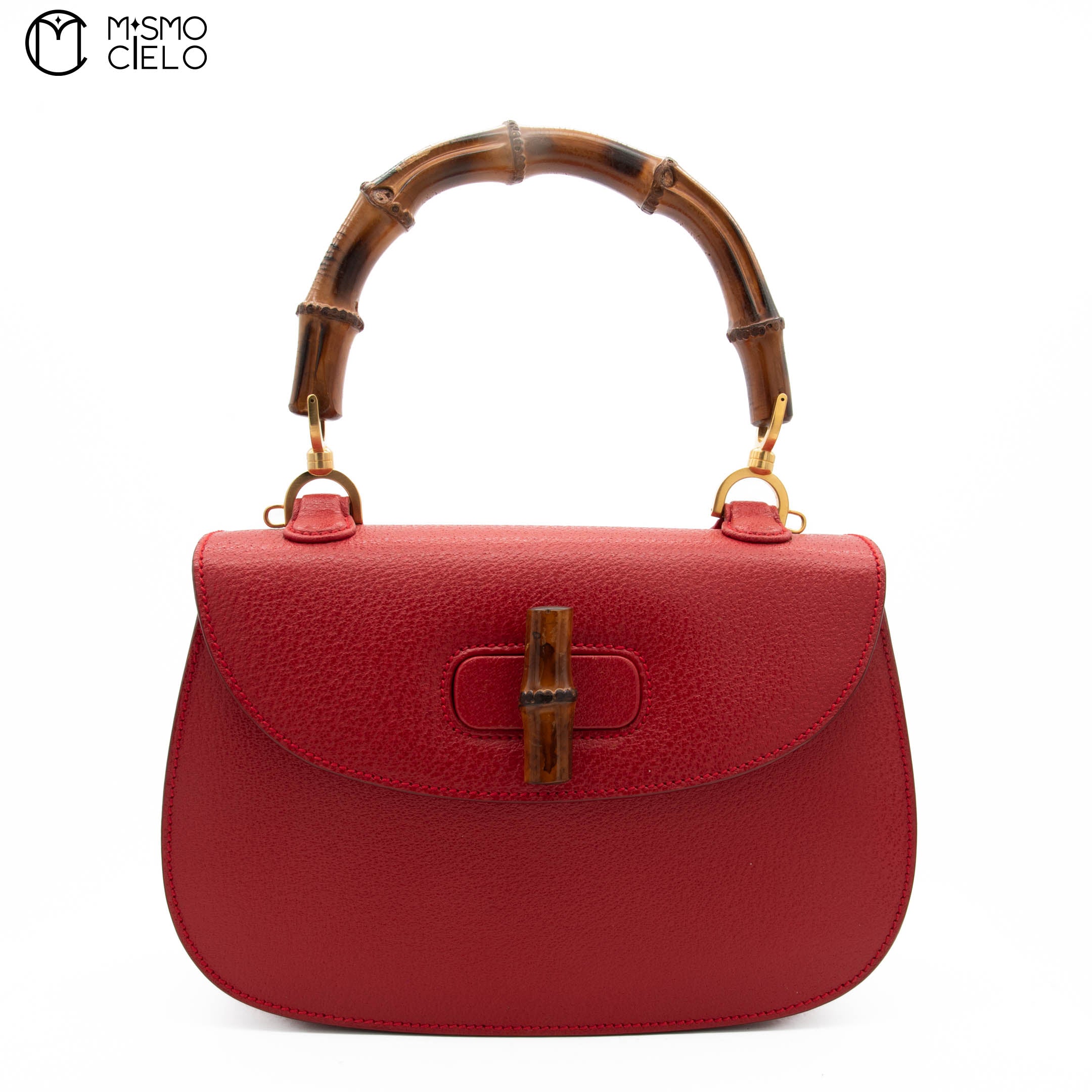 Red Turn lock Vintage Bamboo Handbag with Mirror