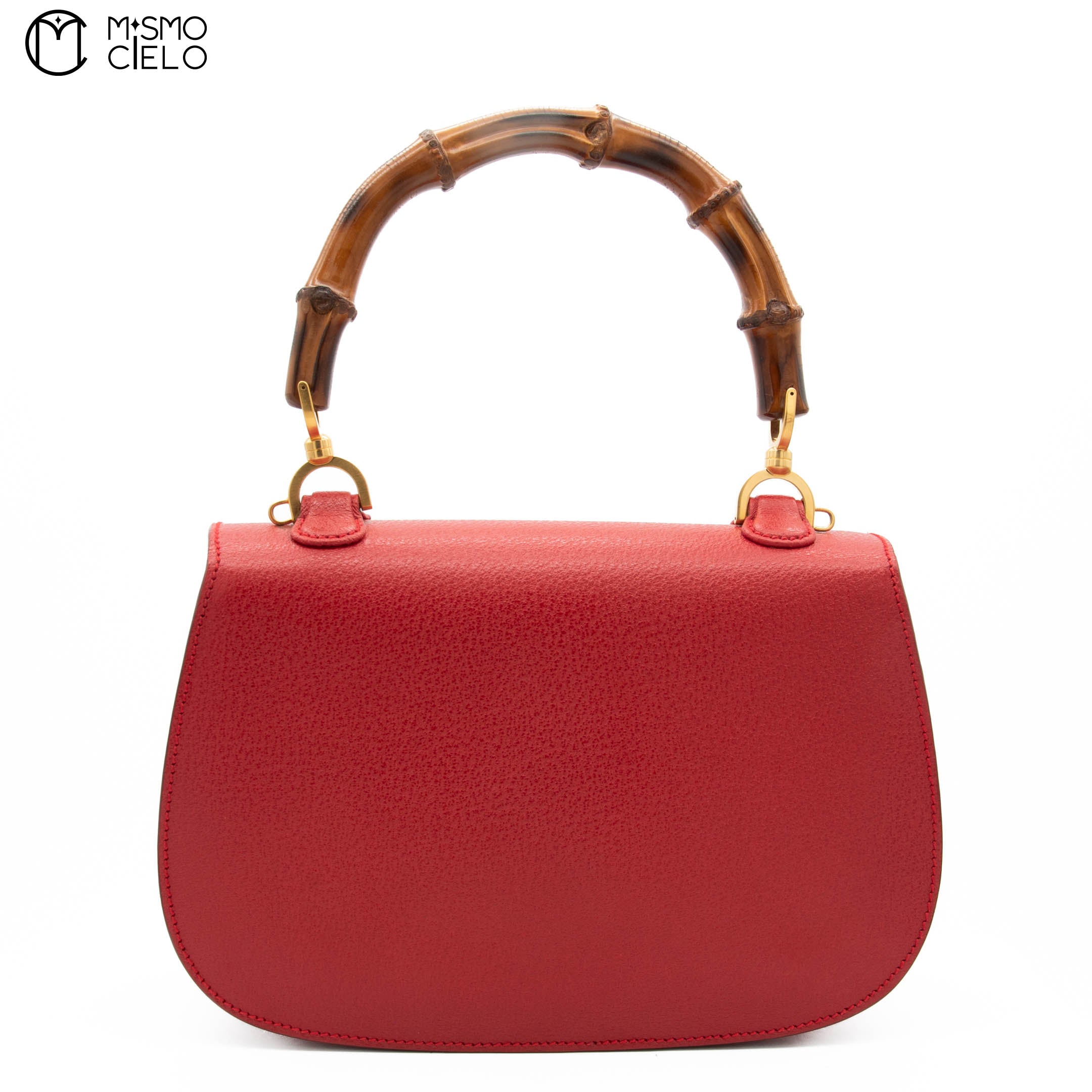 Red Turn lock Vintage Bamboo Handbag with Mirror