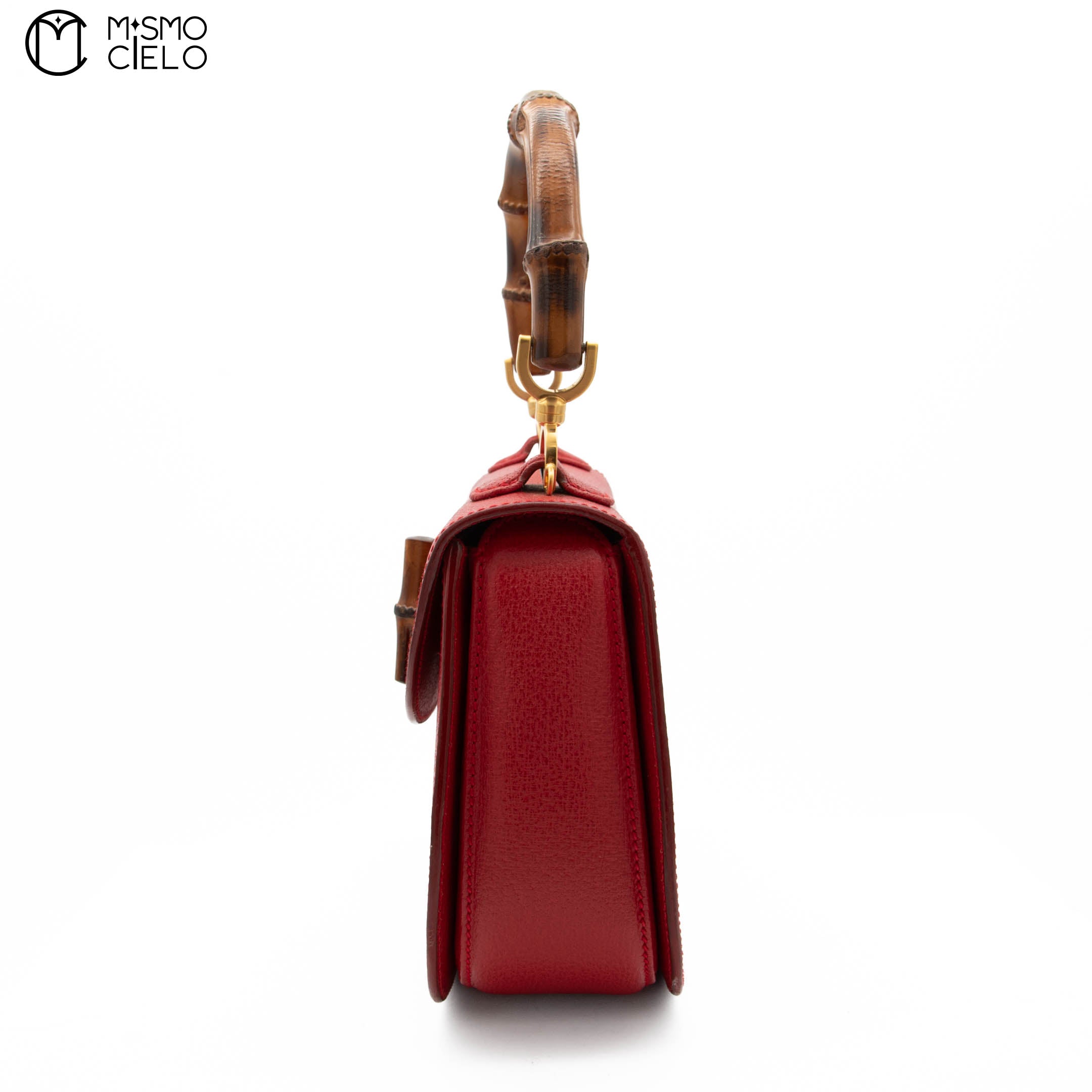 Red Turn lock Vintage Bamboo Handbag with Mirror