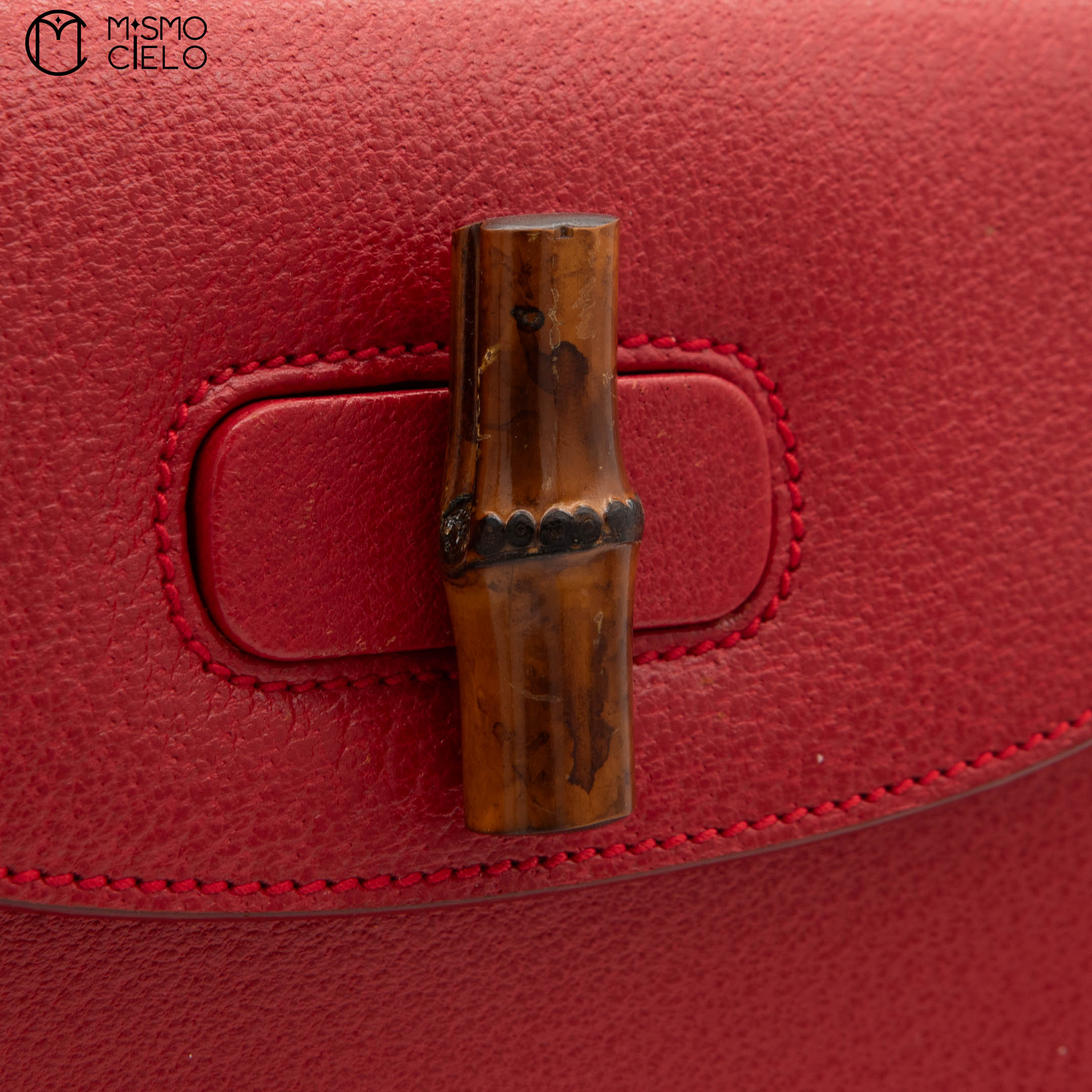 Red Turn lock Vintage Bamboo Handbag with Mirror