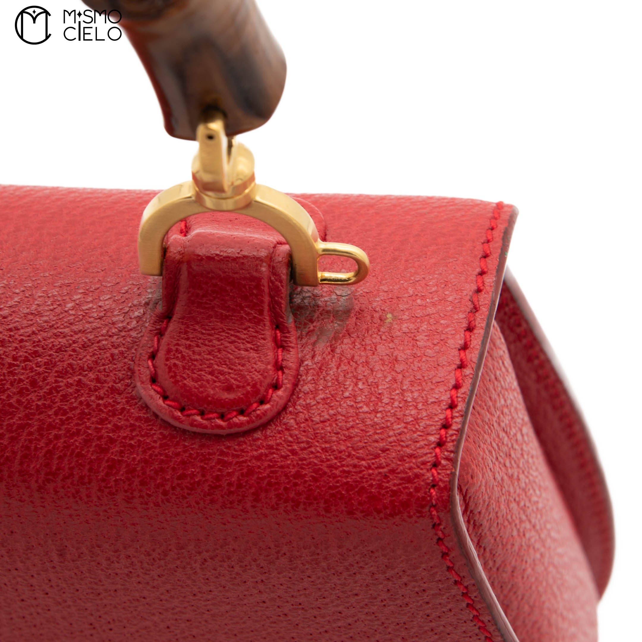 Red Turn lock Vintage Bamboo Handbag with Mirror