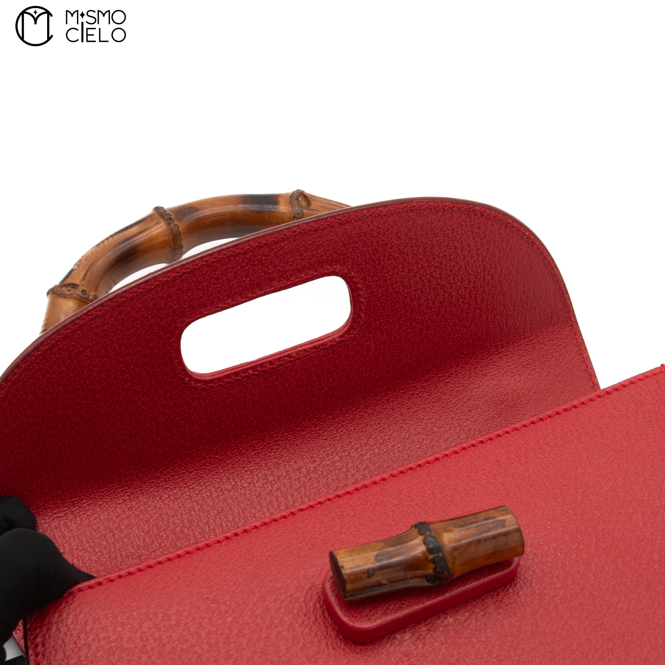 Red Turn lock Vintage Bamboo Handbag with Mirror