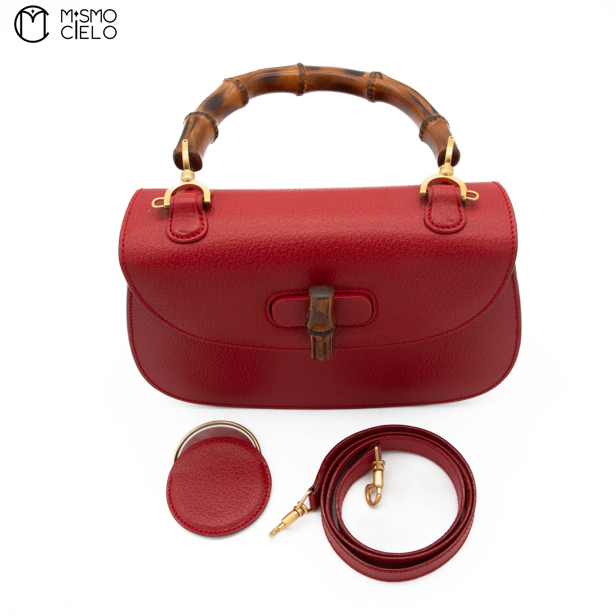 Red Turn lock Vintage Bamboo Handbag with Mirror