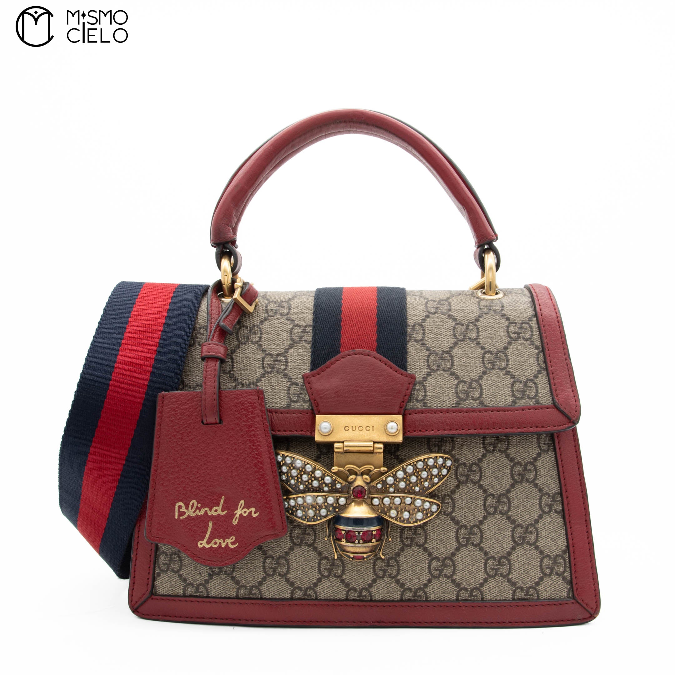 Blue Red GG Check Queen Margaret Bee Hand Bag with Strap