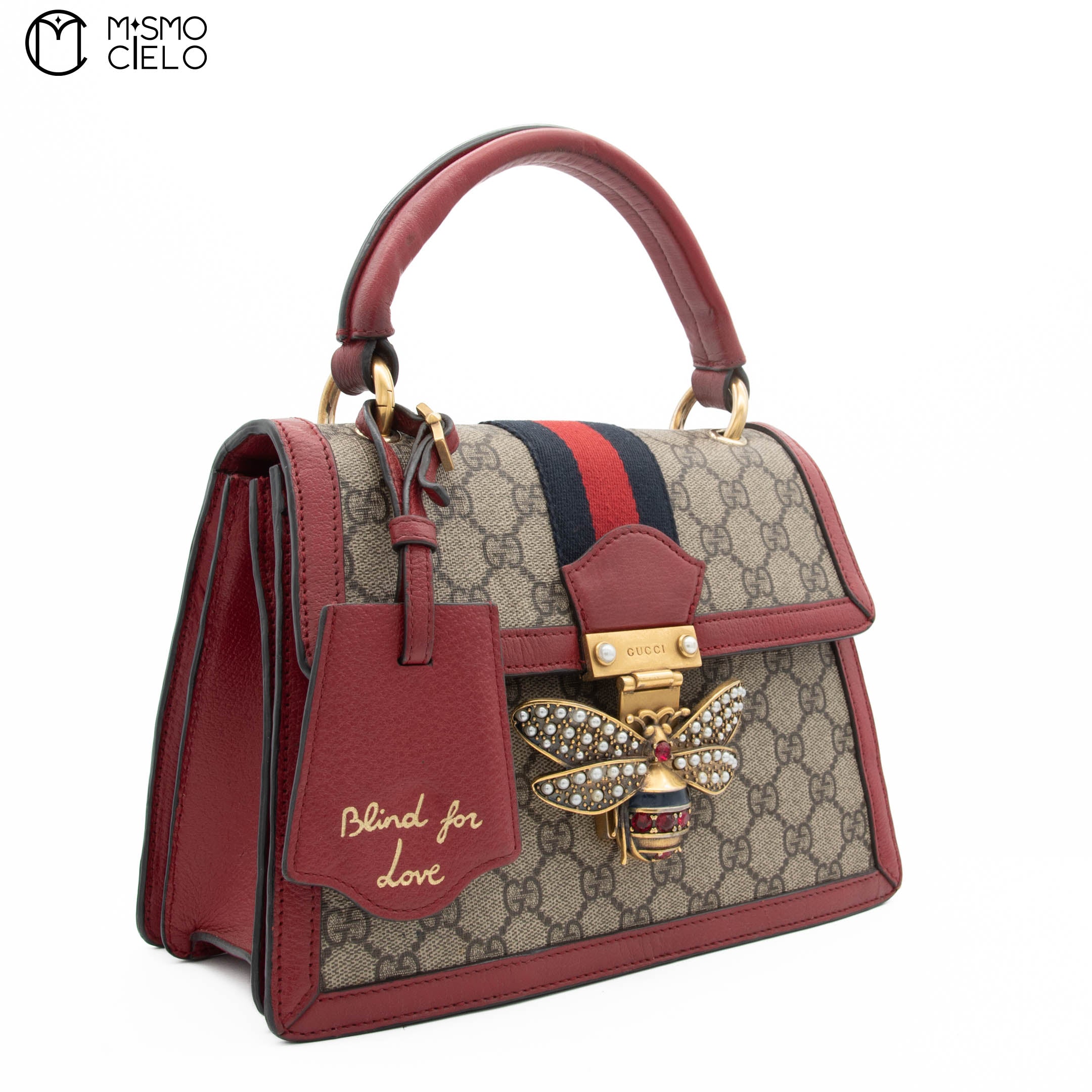 Blue Red GG Check Queen Margaret Bee Hand Bag with Strap