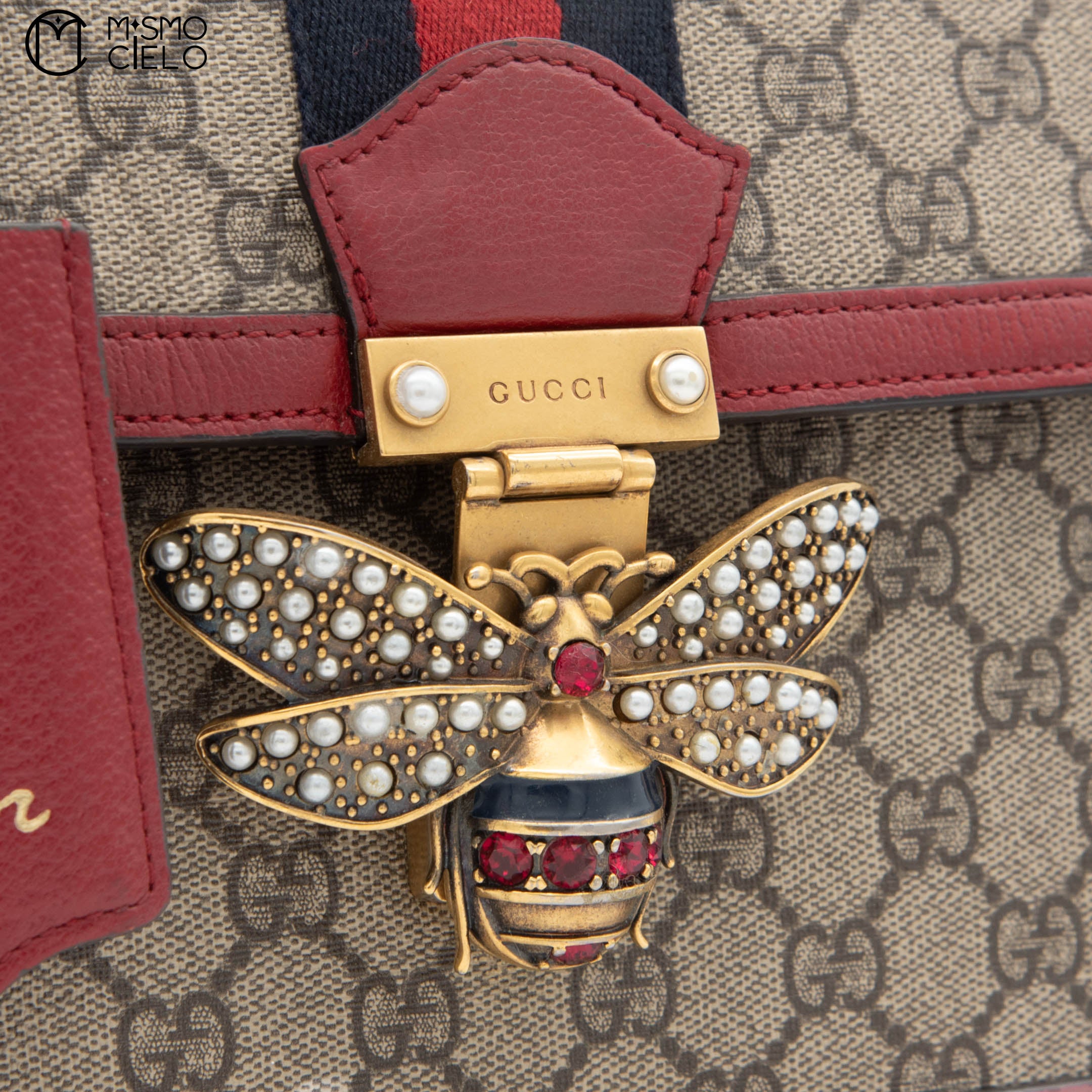 Blue Red GG Check Queen Margaret Bee Hand Bag with Strap