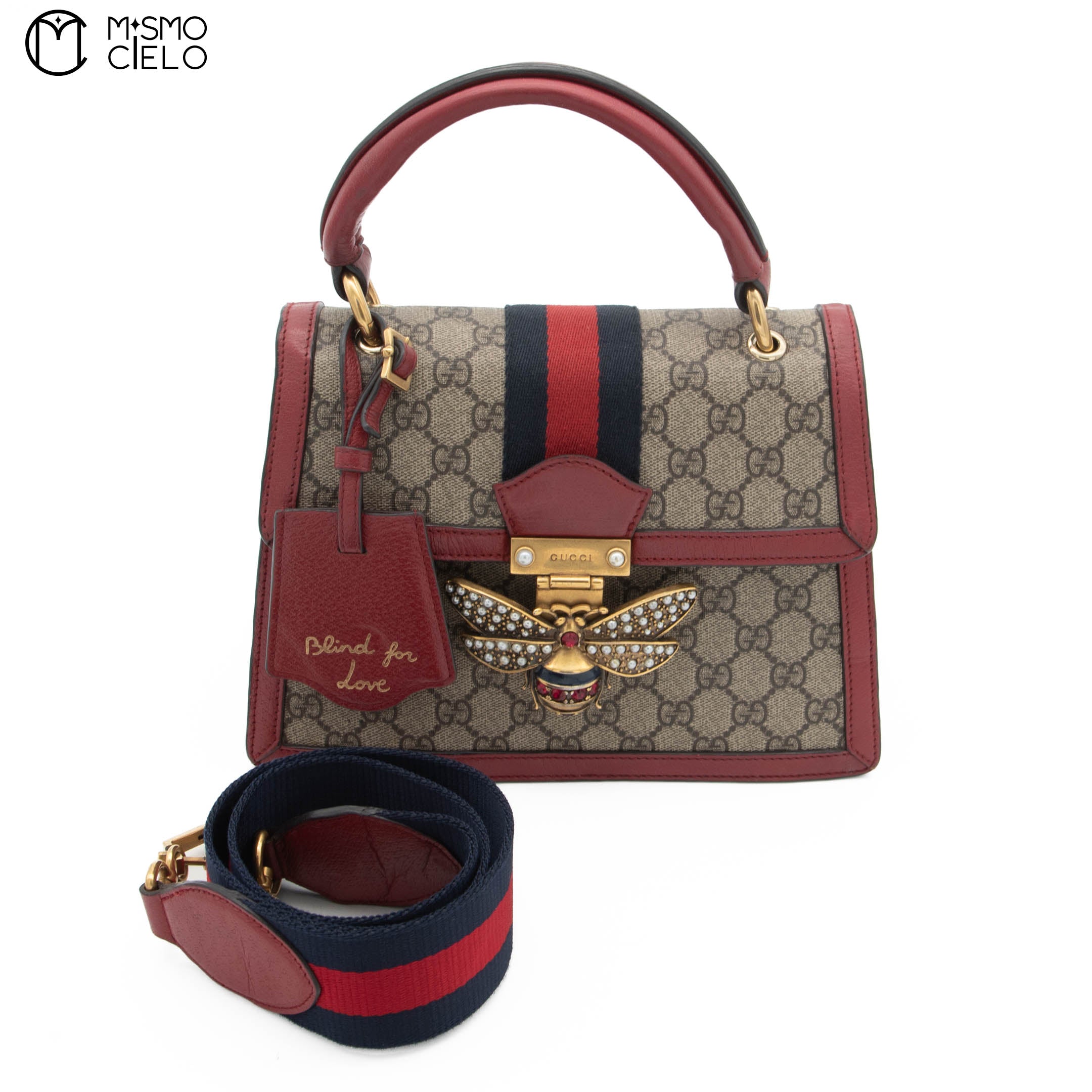Blue Red GG Check Queen Margaret Bee Hand Bag with Strap