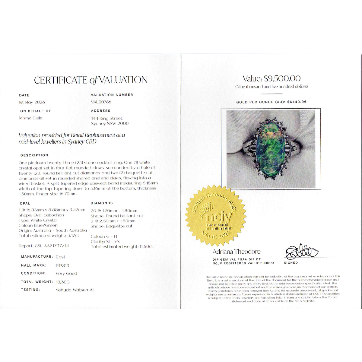 Platinum 900 Opal and Diamond Ring 10.3g Size 13