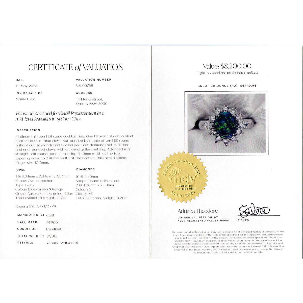 Platinum 900 Opal and Diamond Ring 8.9g Size 14